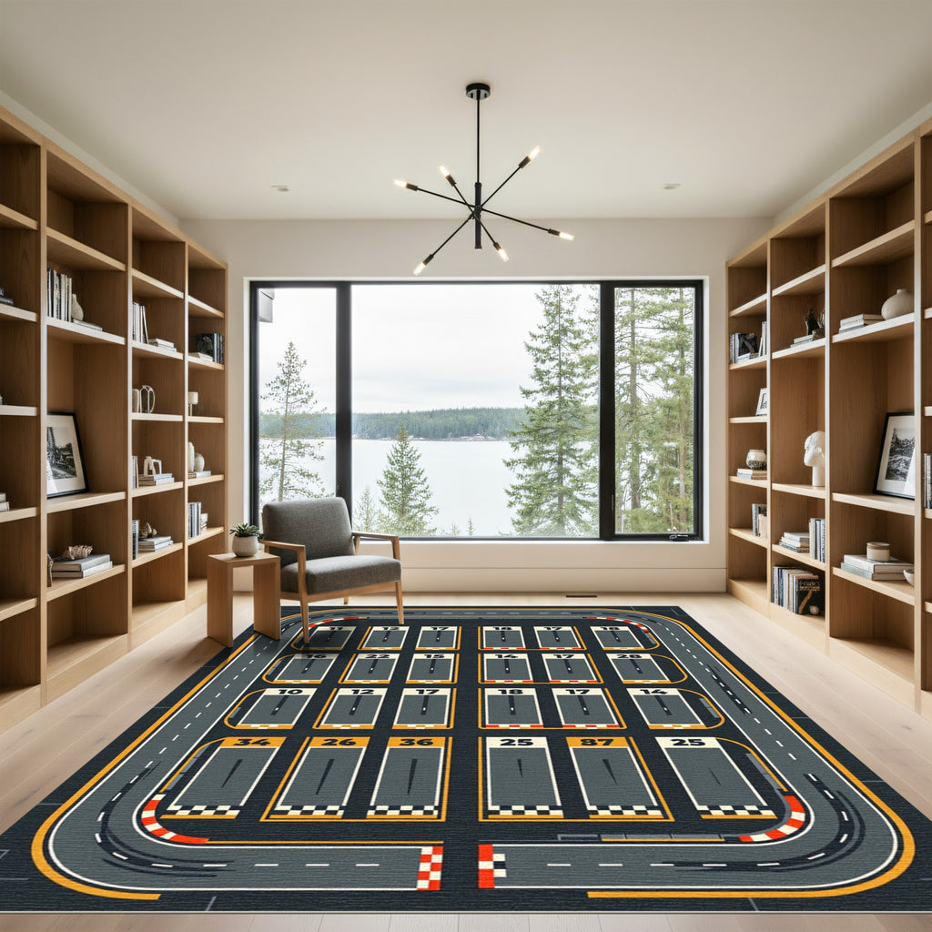 Colorful Geometric Racing Track Grid Rug