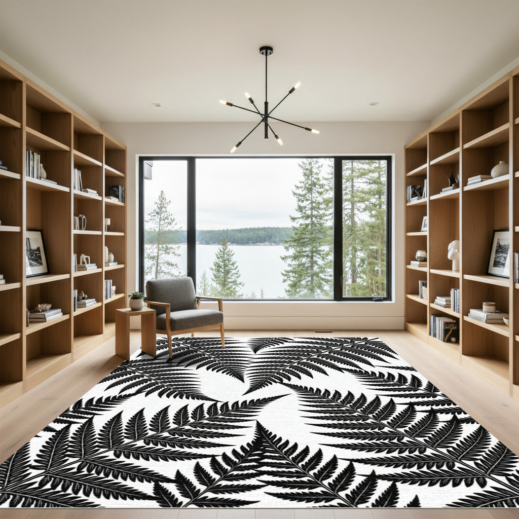Black White Fern Frond Pattern Rug