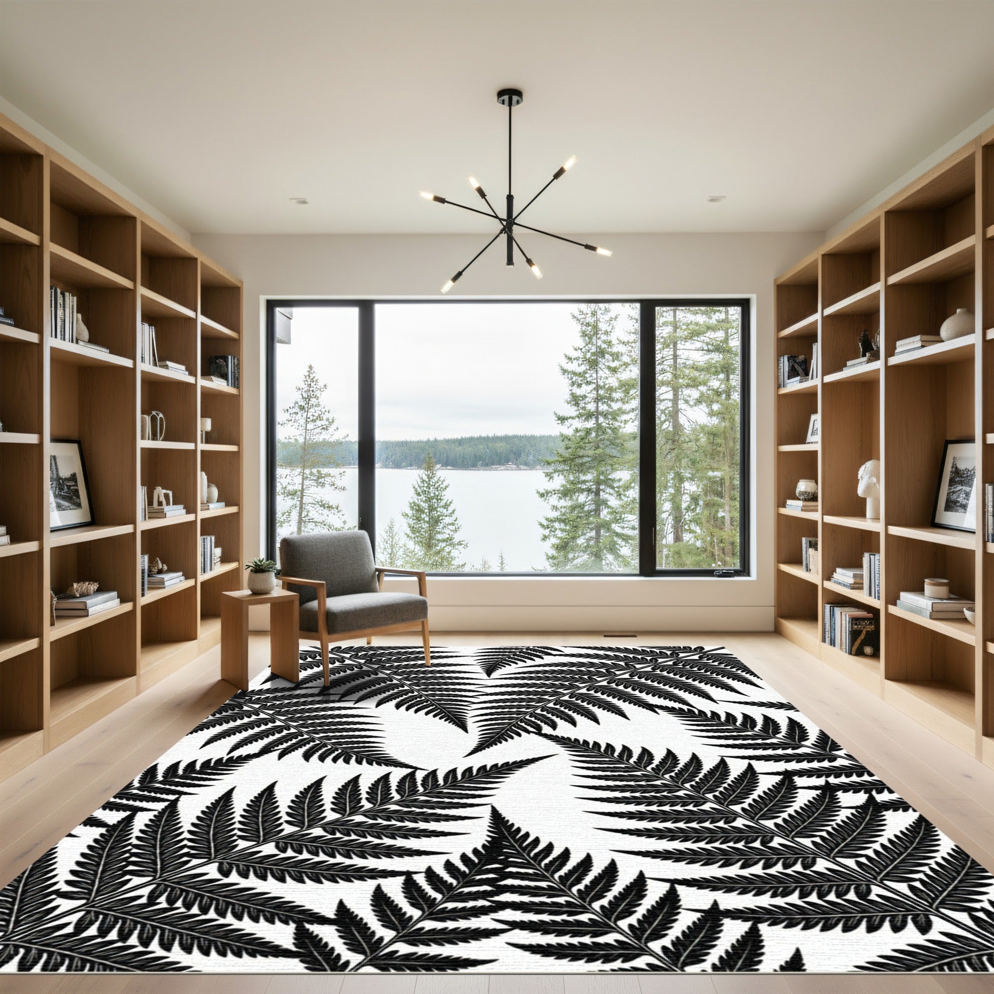Black White Fern Frond Pattern Rug
