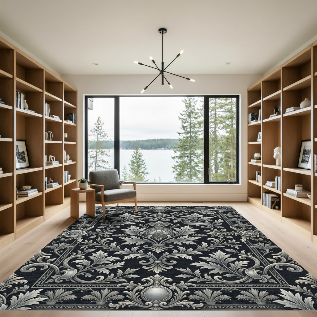 Ornate Silver Floral Acanthus Scroll Rug