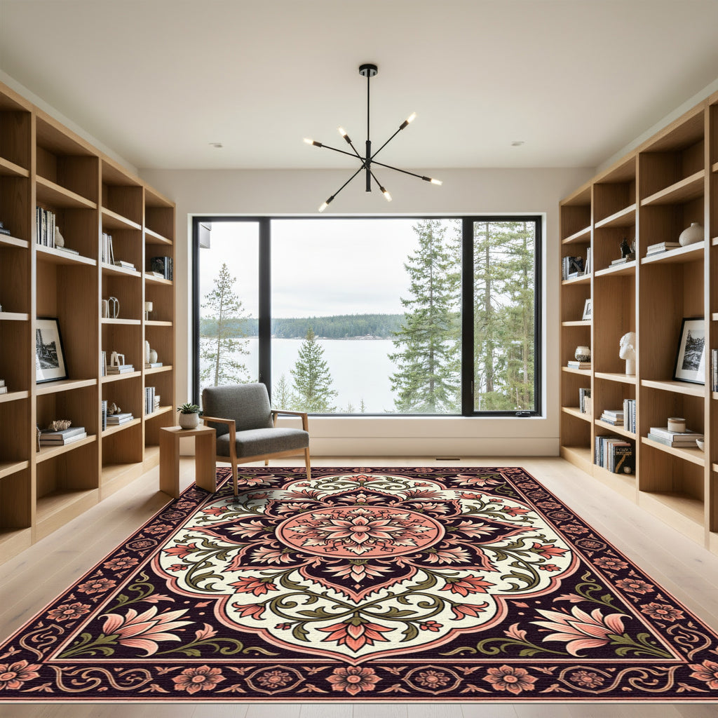 Coral Pink Floral Arch Medallion Rug