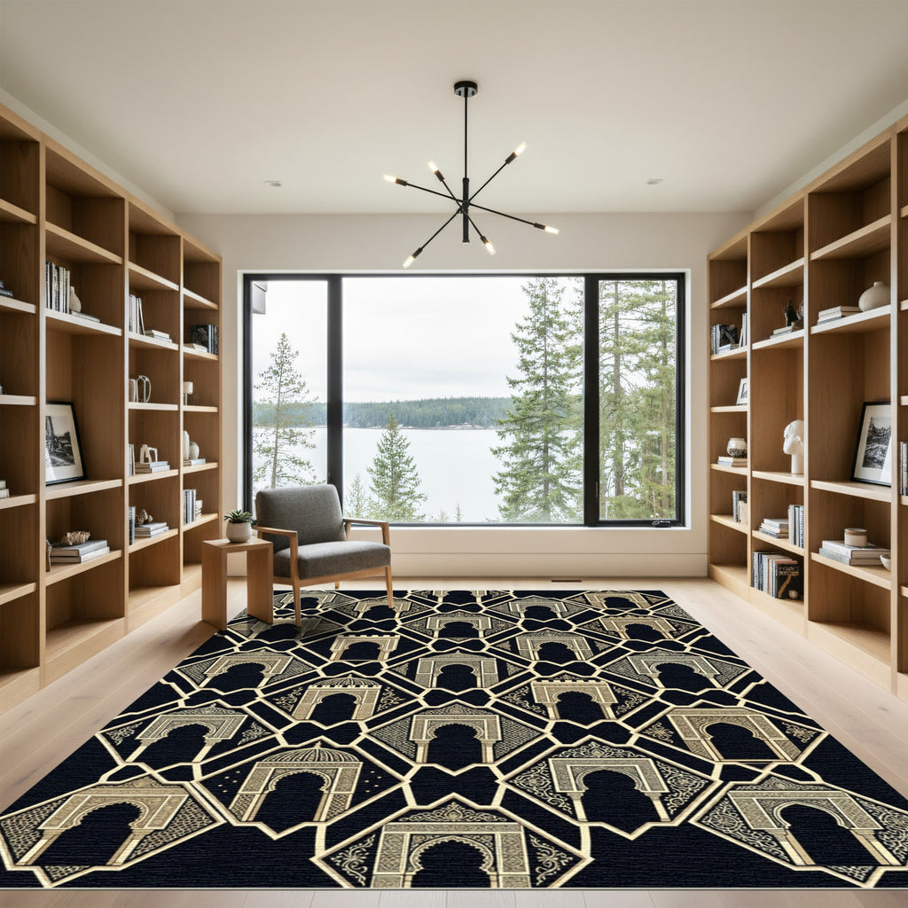 Elegant Archway Golden Geometric Black Rug