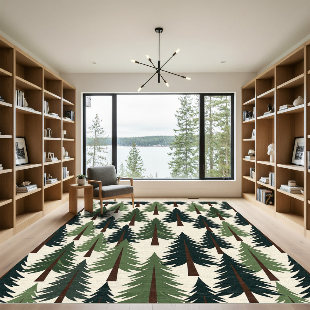 Forest Green Pine Tree Illustration Rug