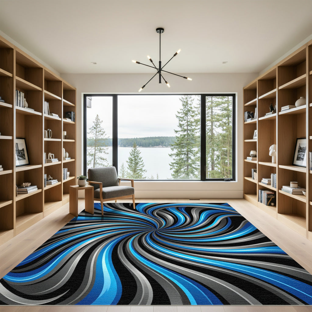 Vibrant Blue and Silver Vortex Swirl Rug