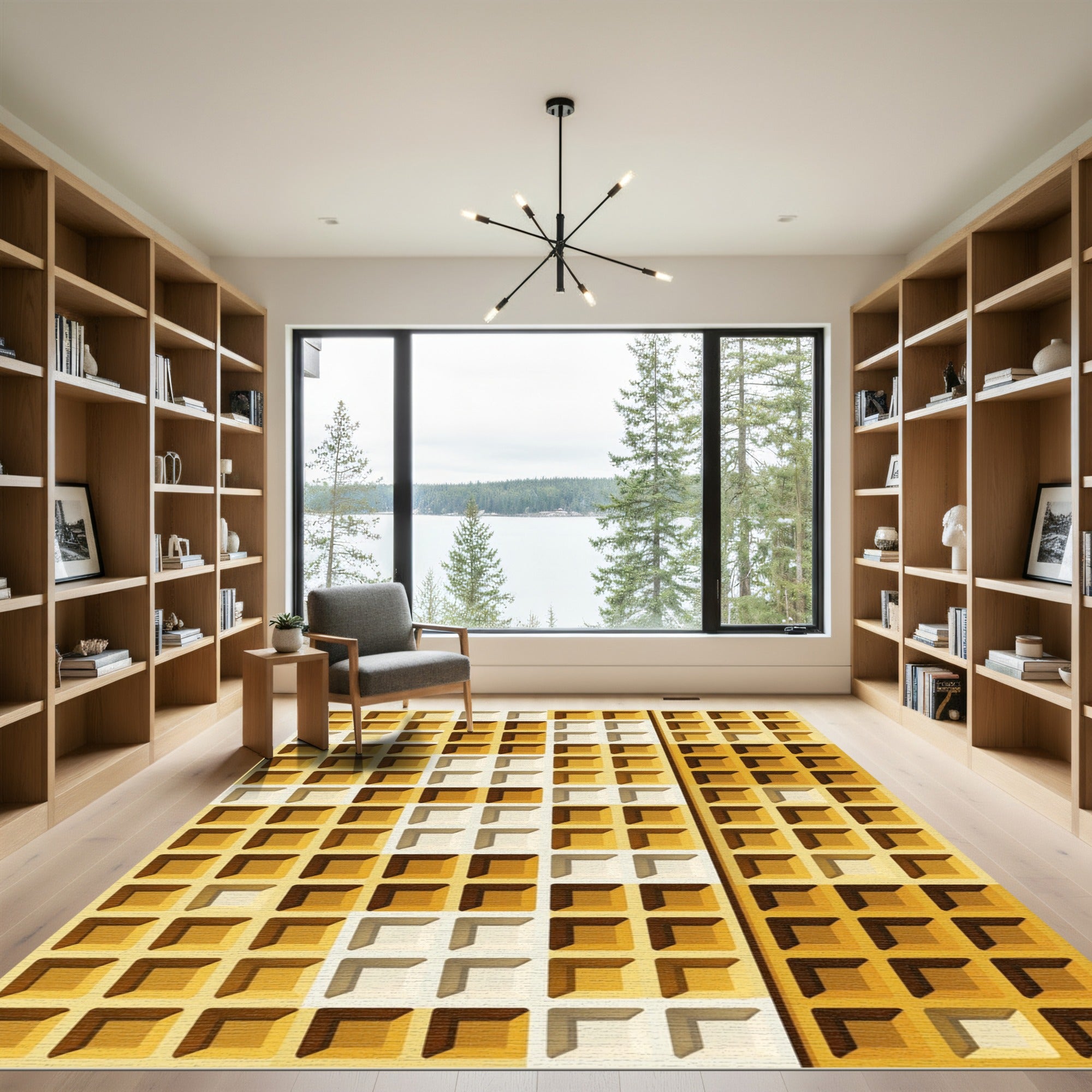 Golden Waffle Grid Geometric Texture Rug