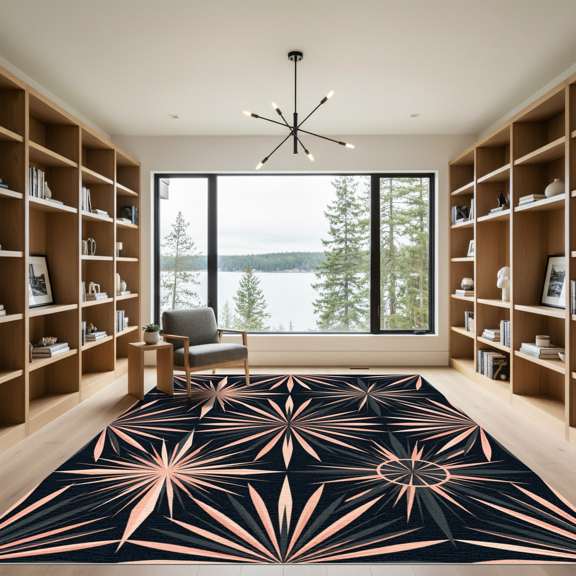 Black and Peach Radiant Starry Medallion Rug