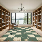 Distressed Green Cream Checkerboard Splatter Rug