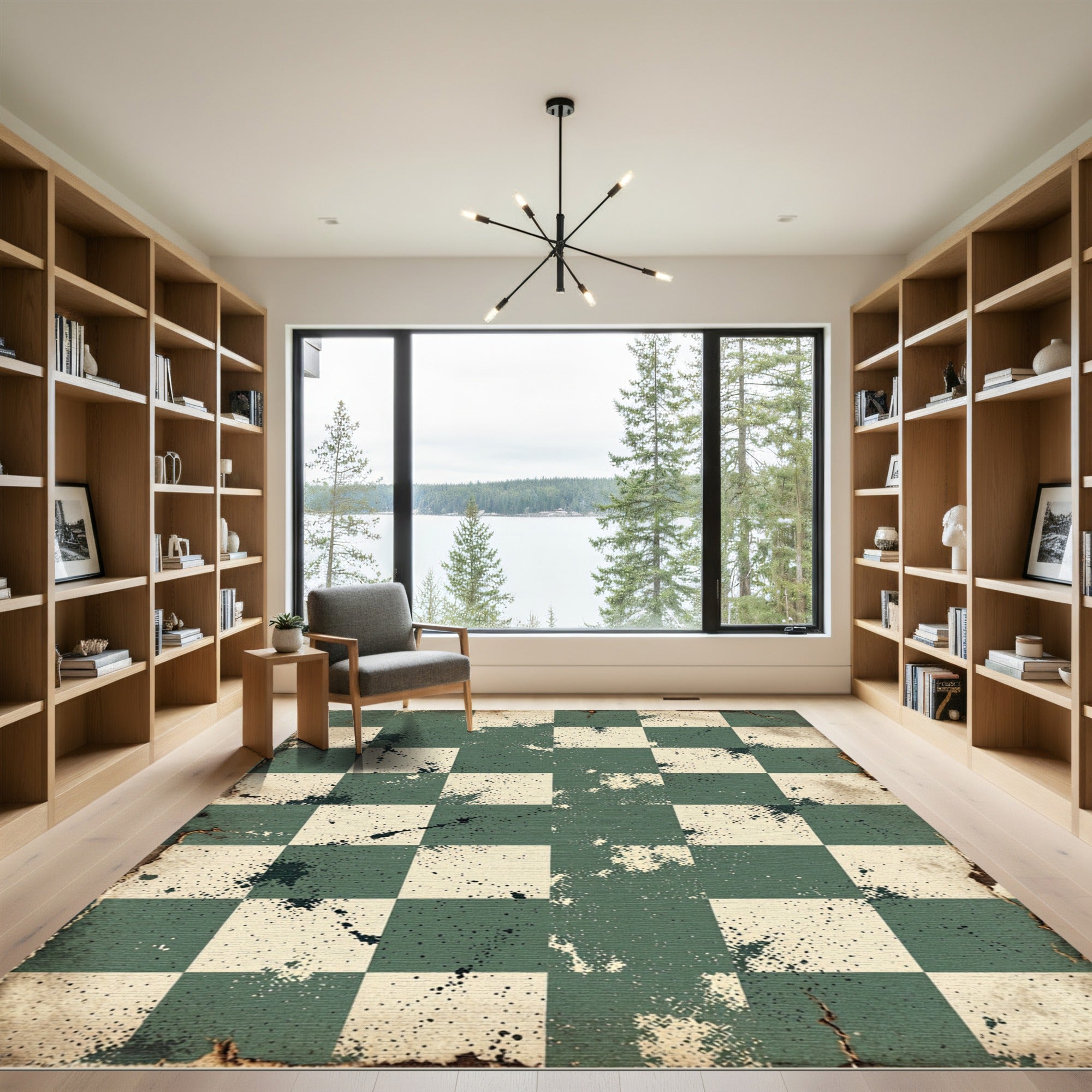 Distressed Green Cream Checkerboard Splatter Rug