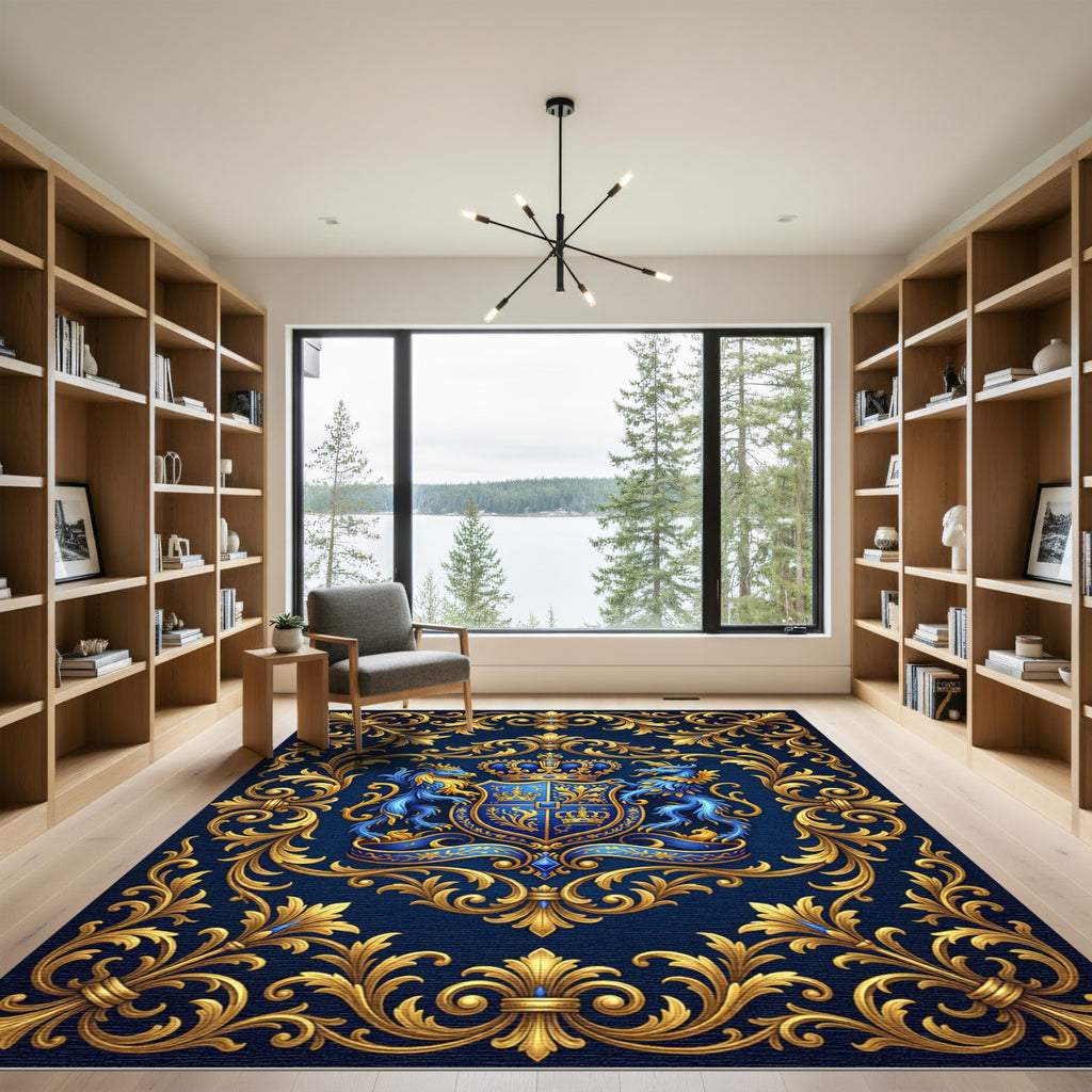 Royal Blue Gold Heraldic Crest Tapestry Rug