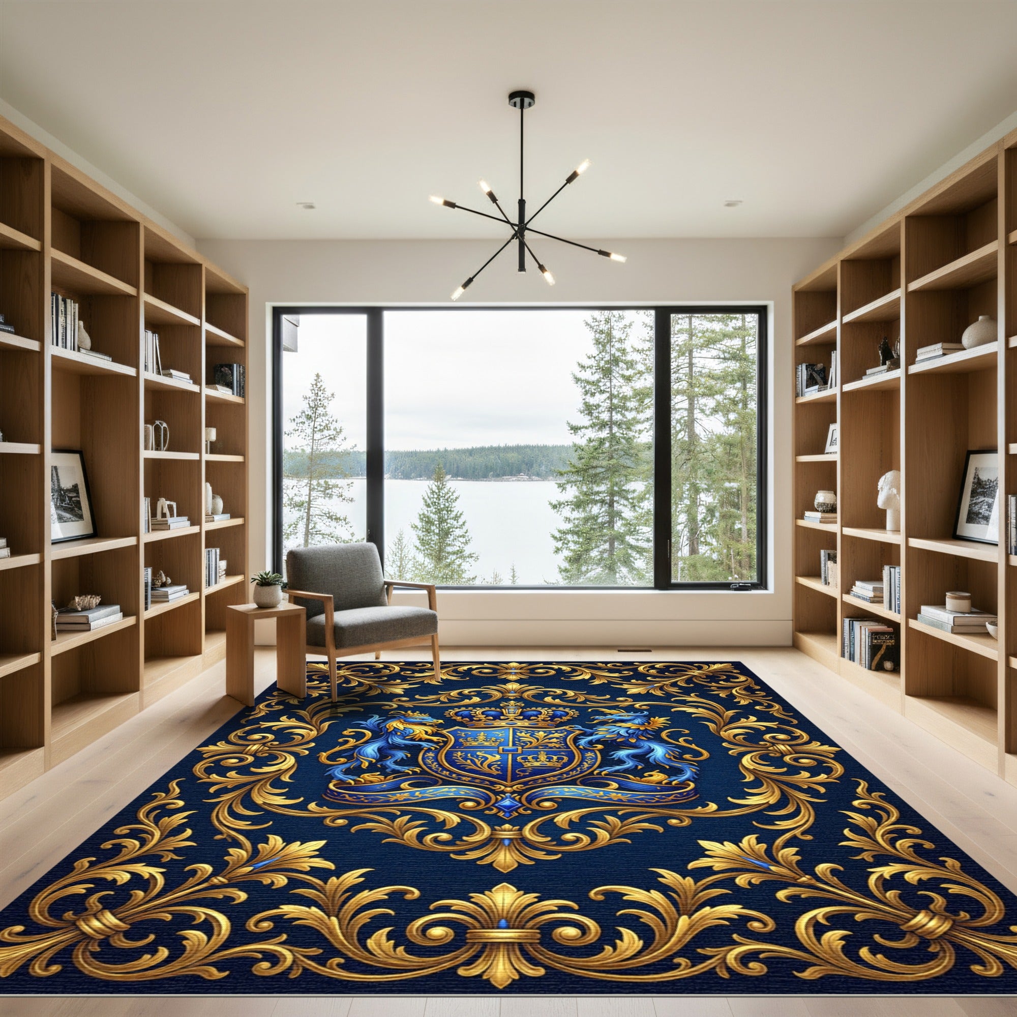 Royal Blue Gold Heraldic Crest Tapestry Rug