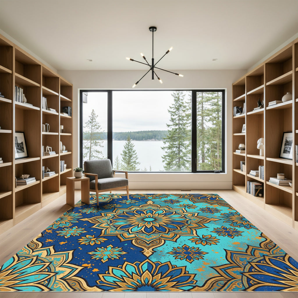 Azure Golden Floral Medallion Rug