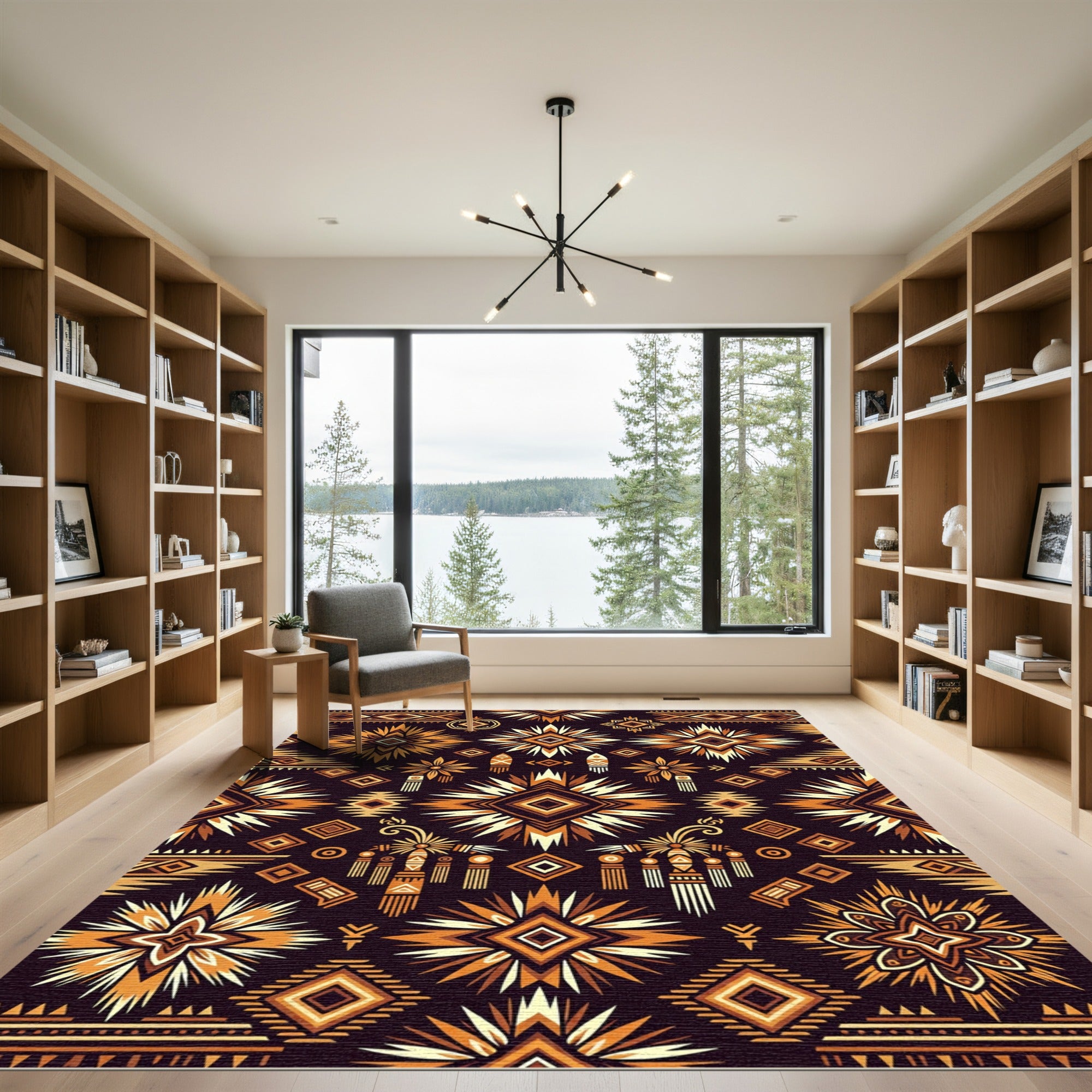 Earthy Ochre Geometric Sunburst Tapestry Rug
