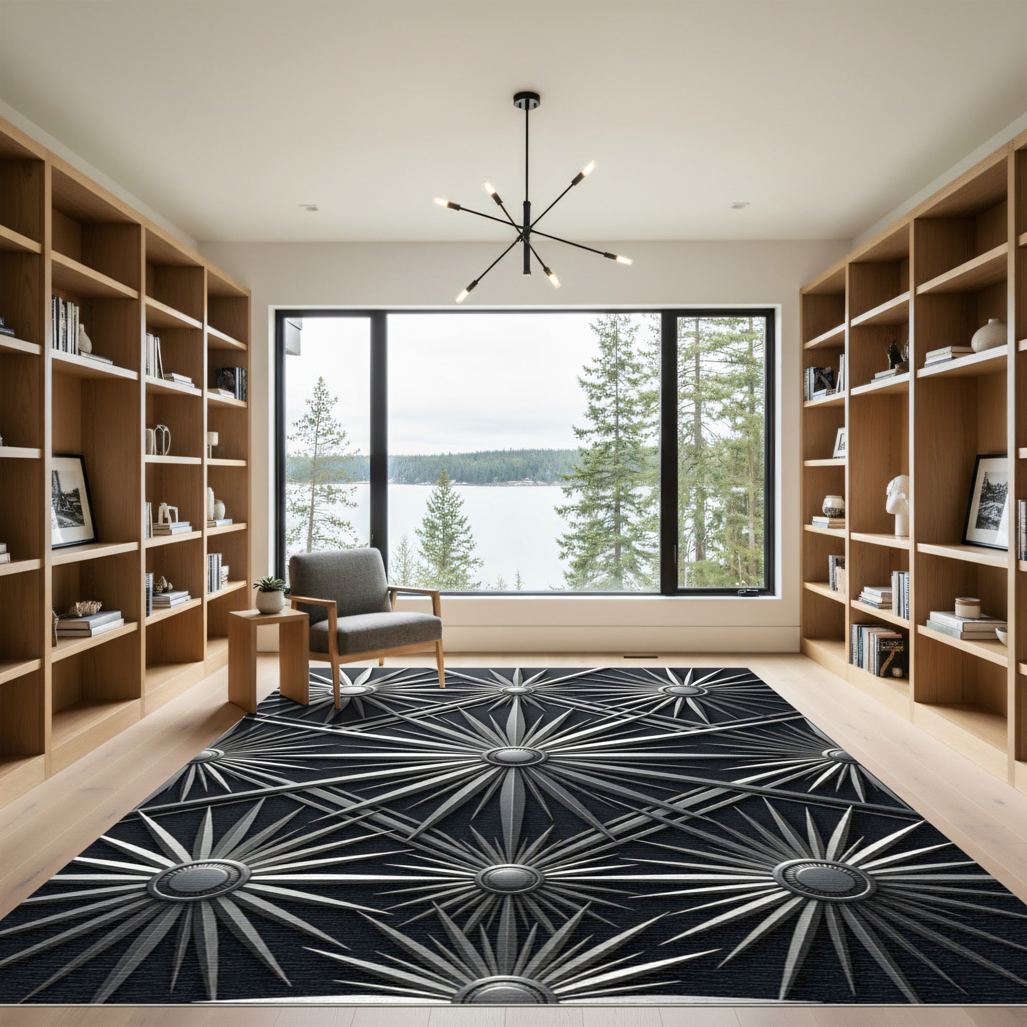 Metallic Silver Radiant Sunburst Geometric Rug