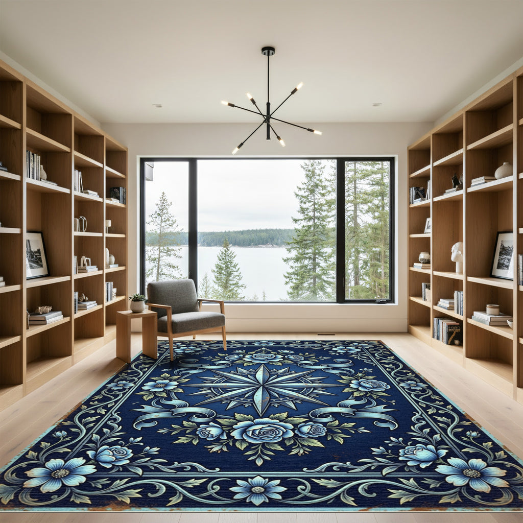 Ornate Midnight Blue Floral Compass Rug