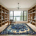 Ornate Blue Rose Botanical Medallion Rug