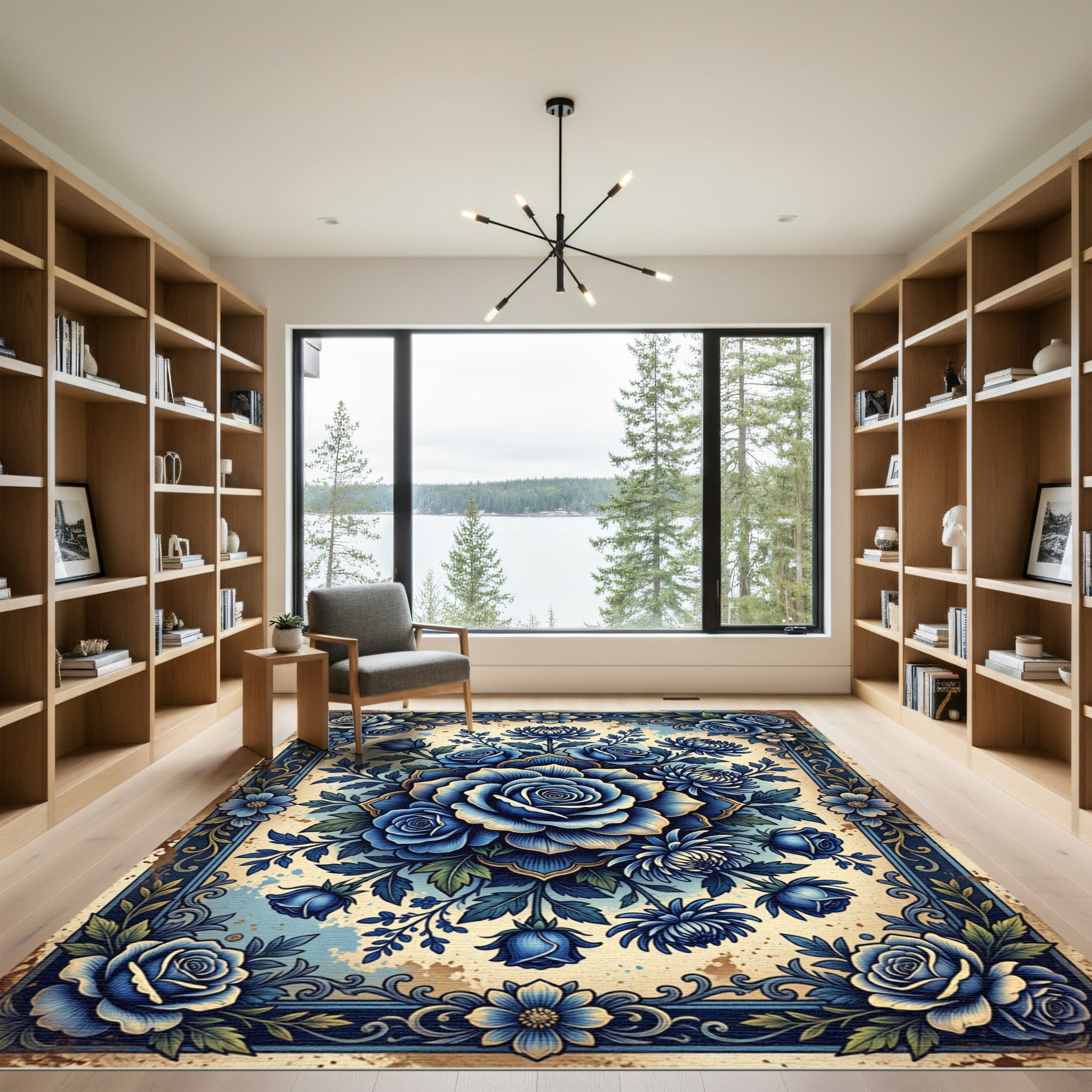 Ornate Blue Rose Botanical Medallion Rug