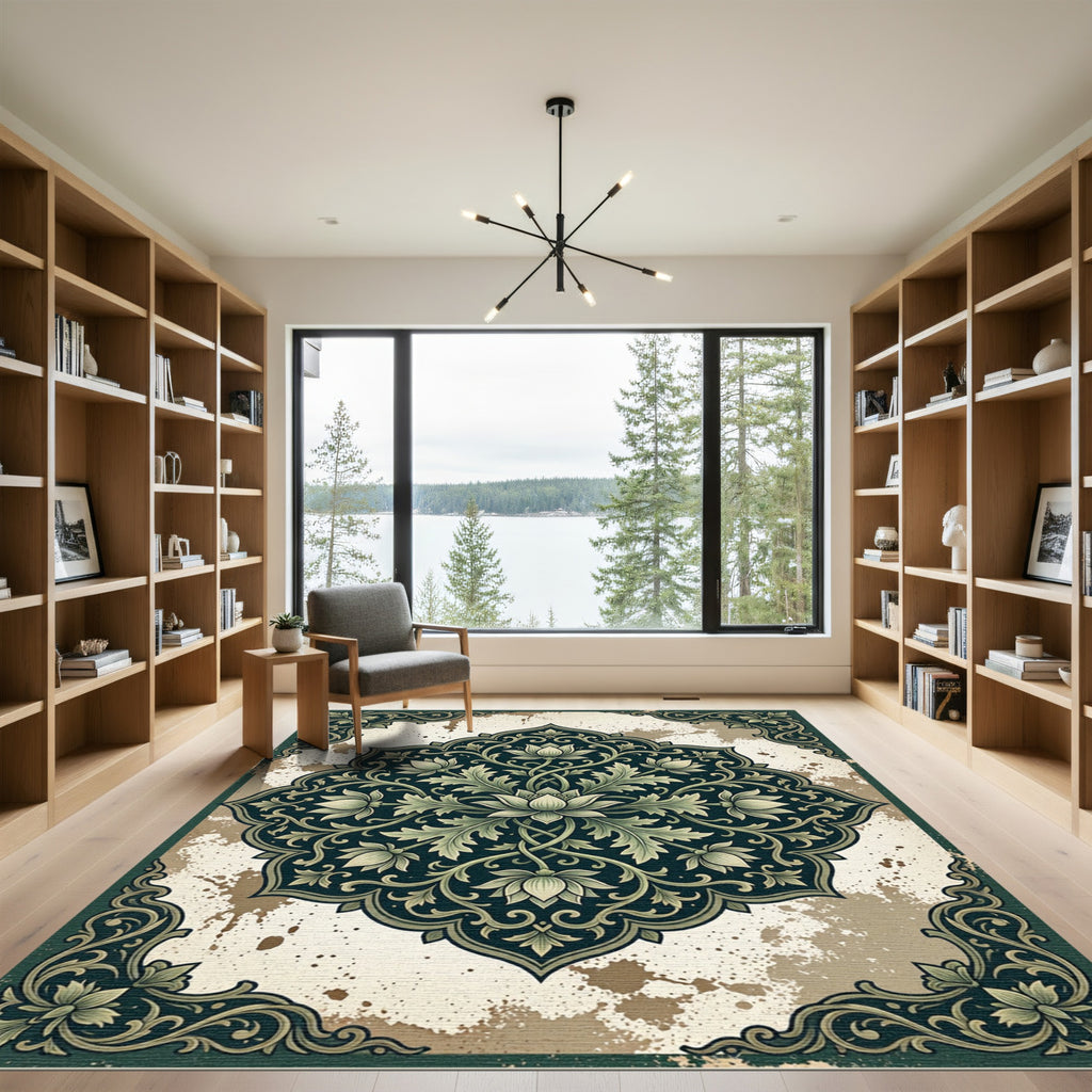Elegant Sage Forest Lotus Medallion Rug