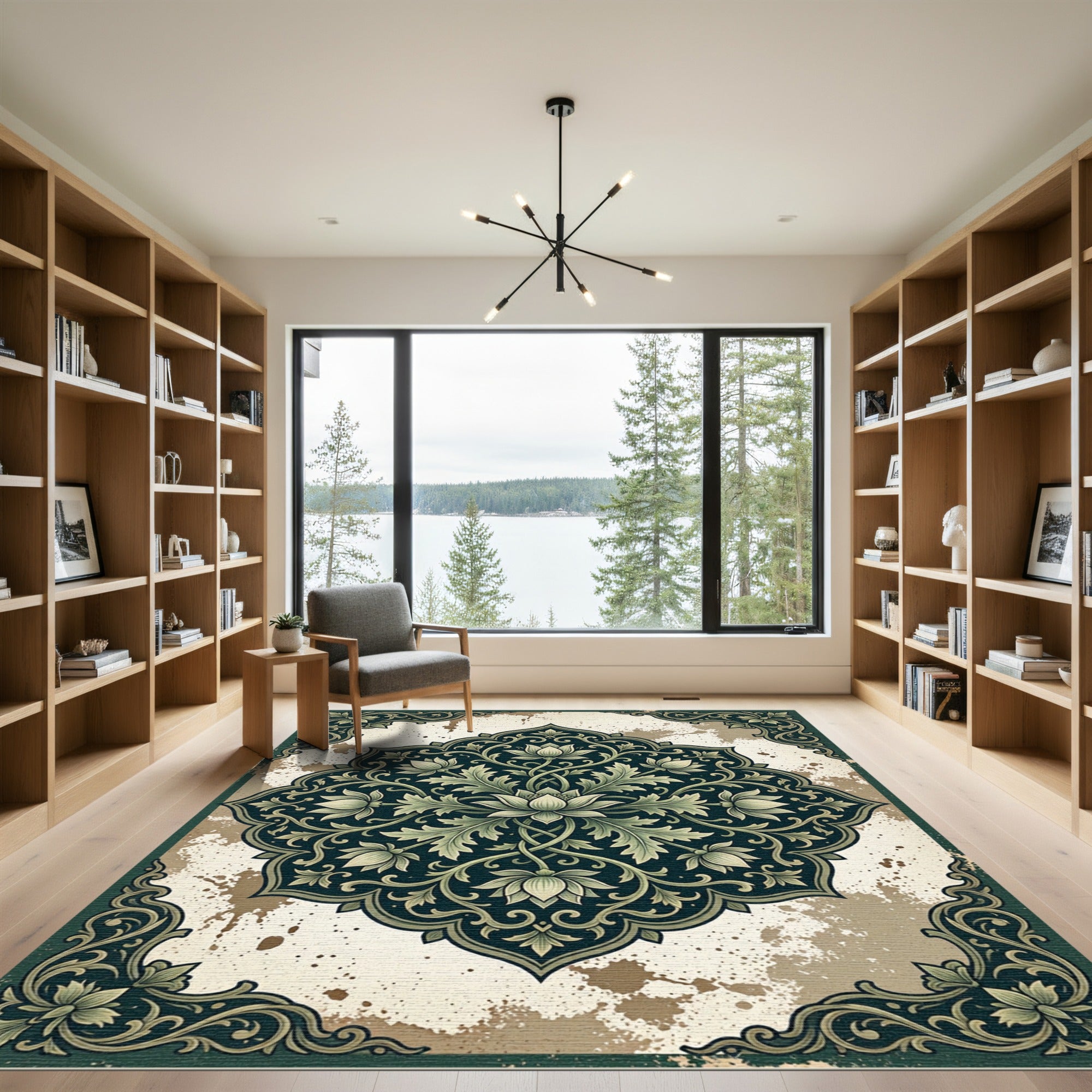 Elegant Sage Forest Lotus Medallion Rug