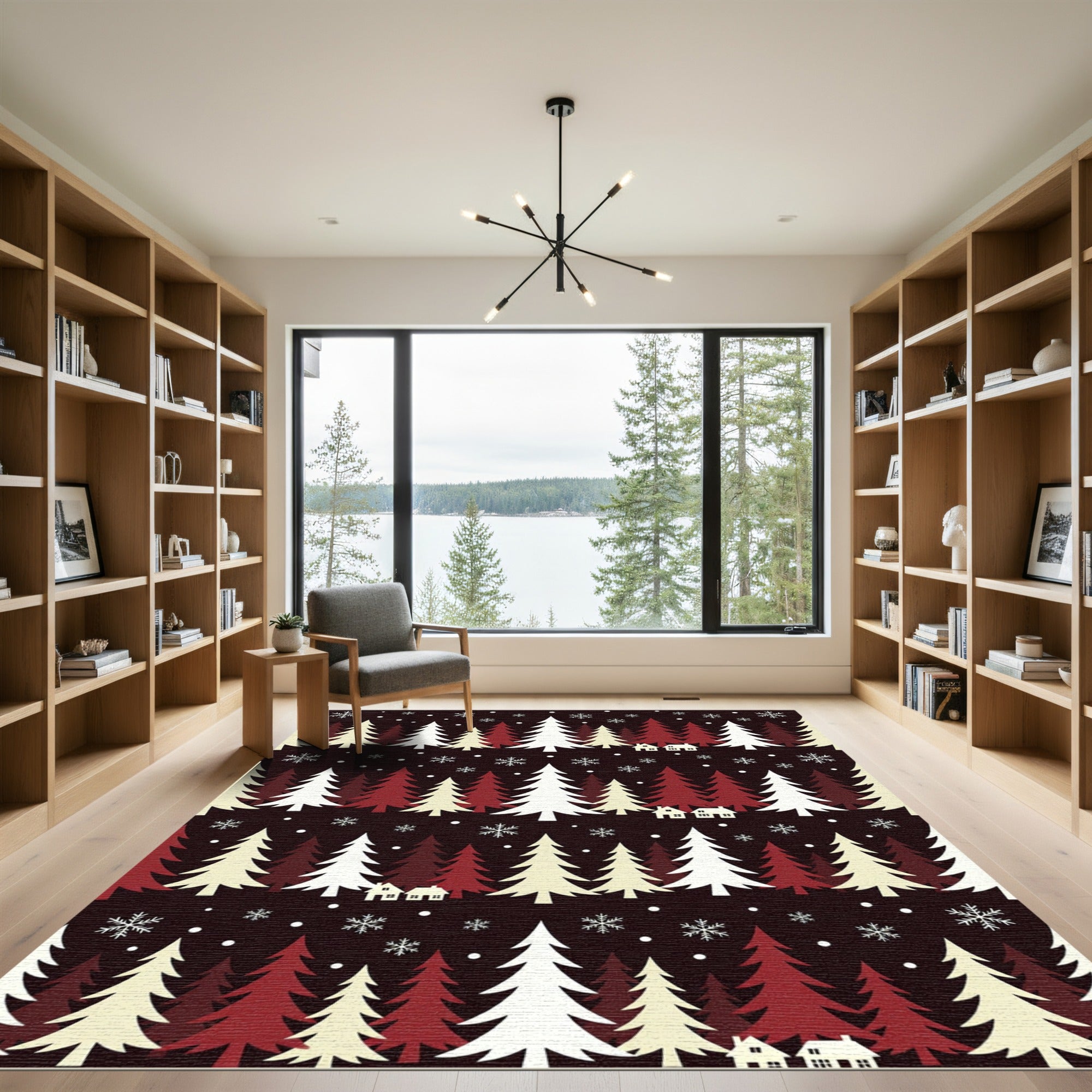 Crimson White Snowfall Village Trees Rug