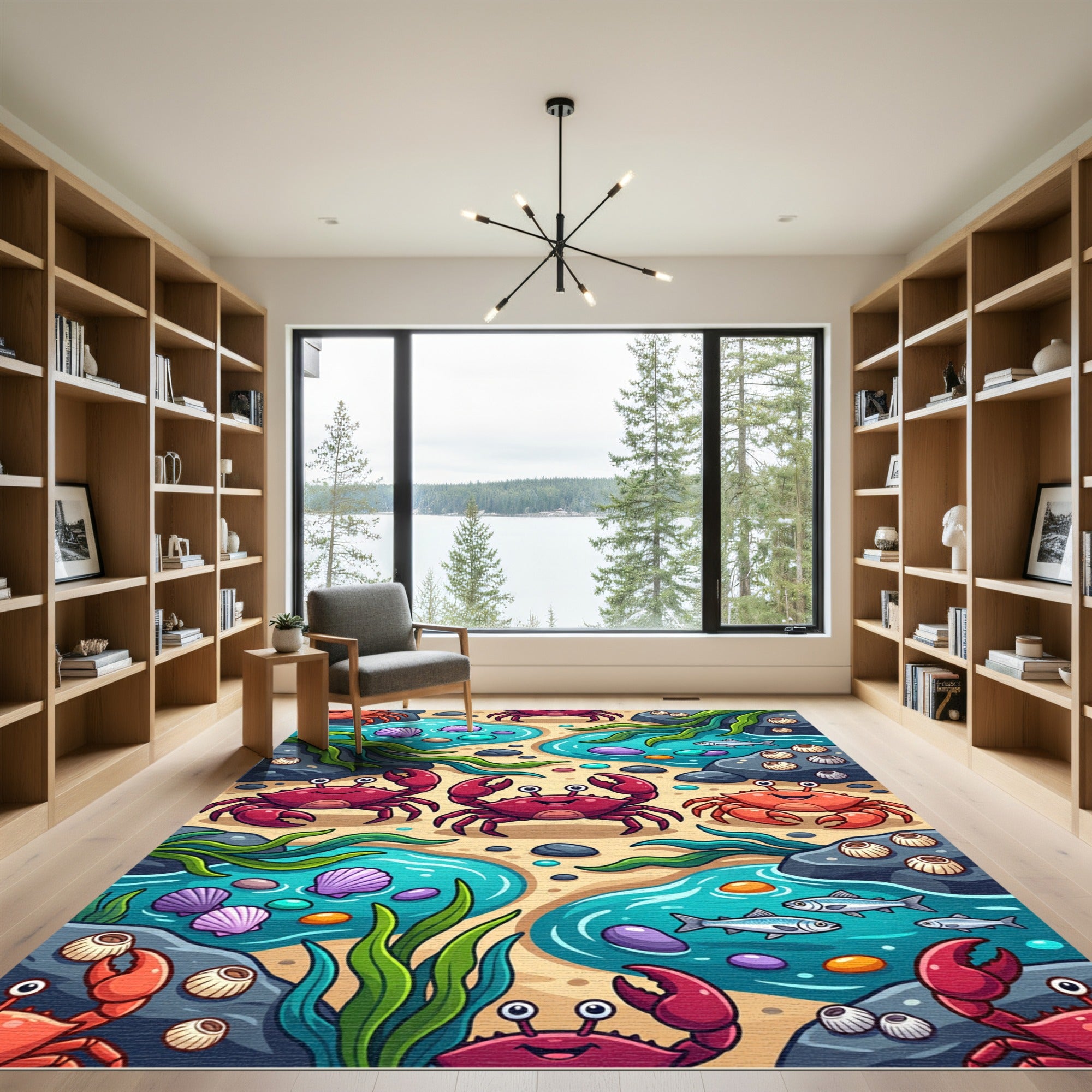 Whimsical Vibrant Red Crab Tide Pool Rug