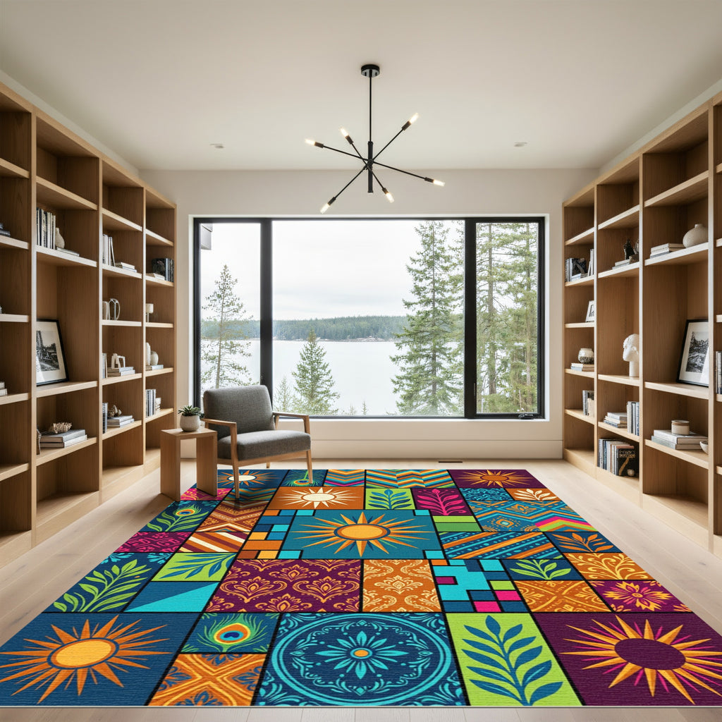 Vibrant Sun Peacock Feather Geometric Rug