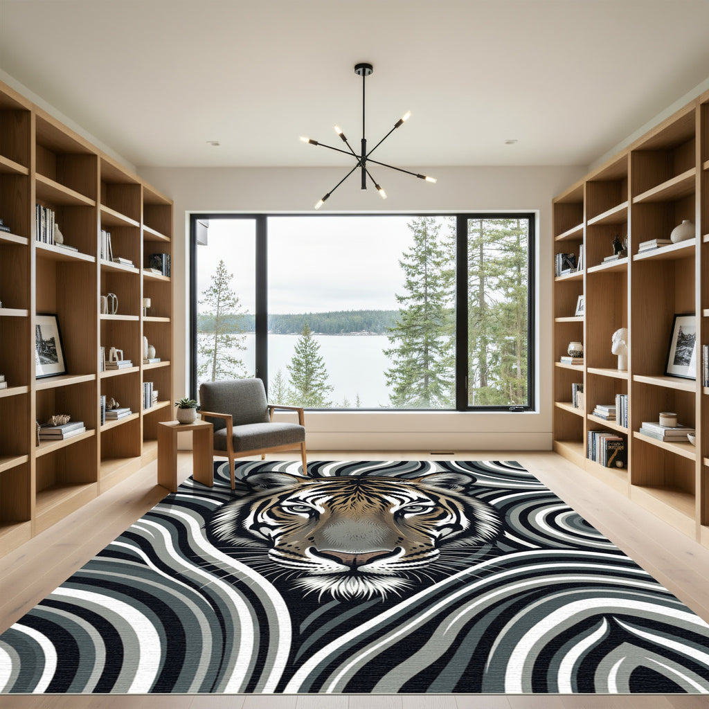 Intense Tiger Grayscale Swirl Portrait Rug
