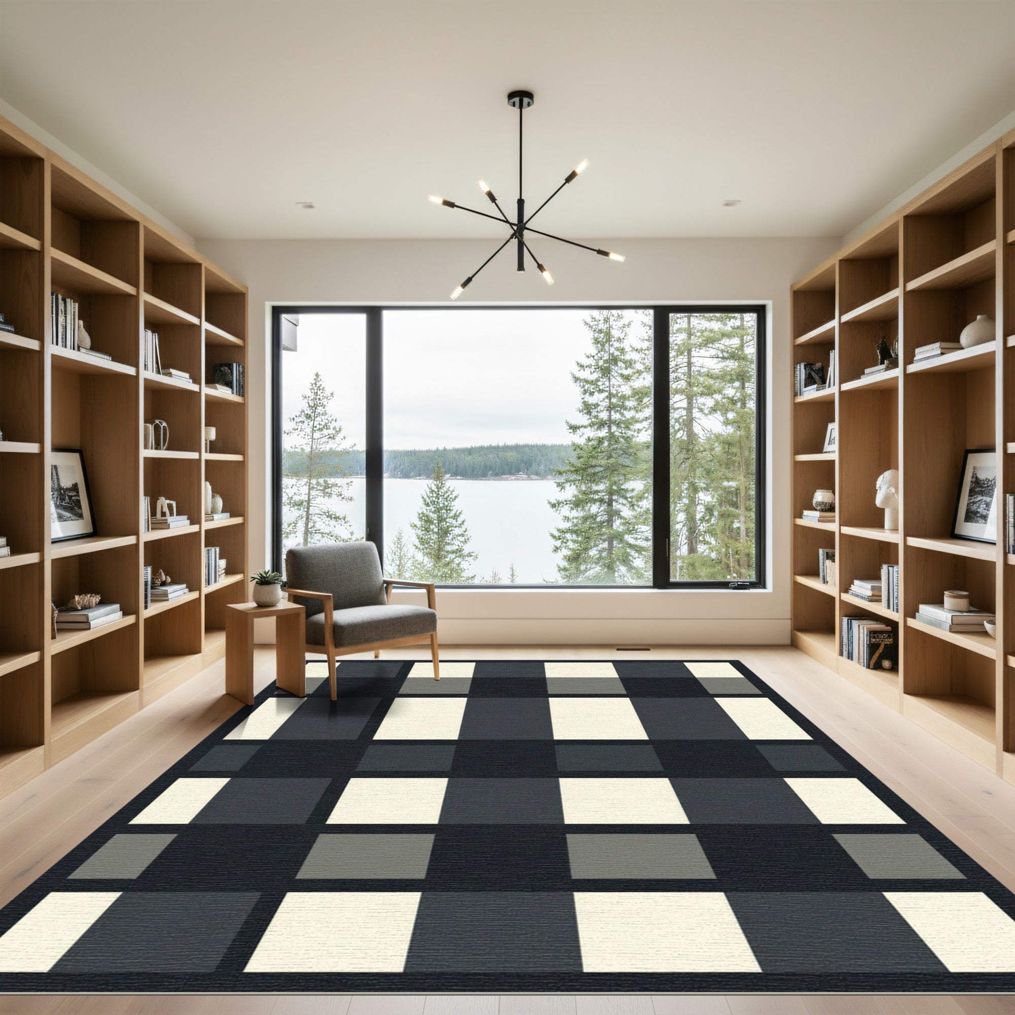 Monochromatic Geometric Checkerboard Squares Rug