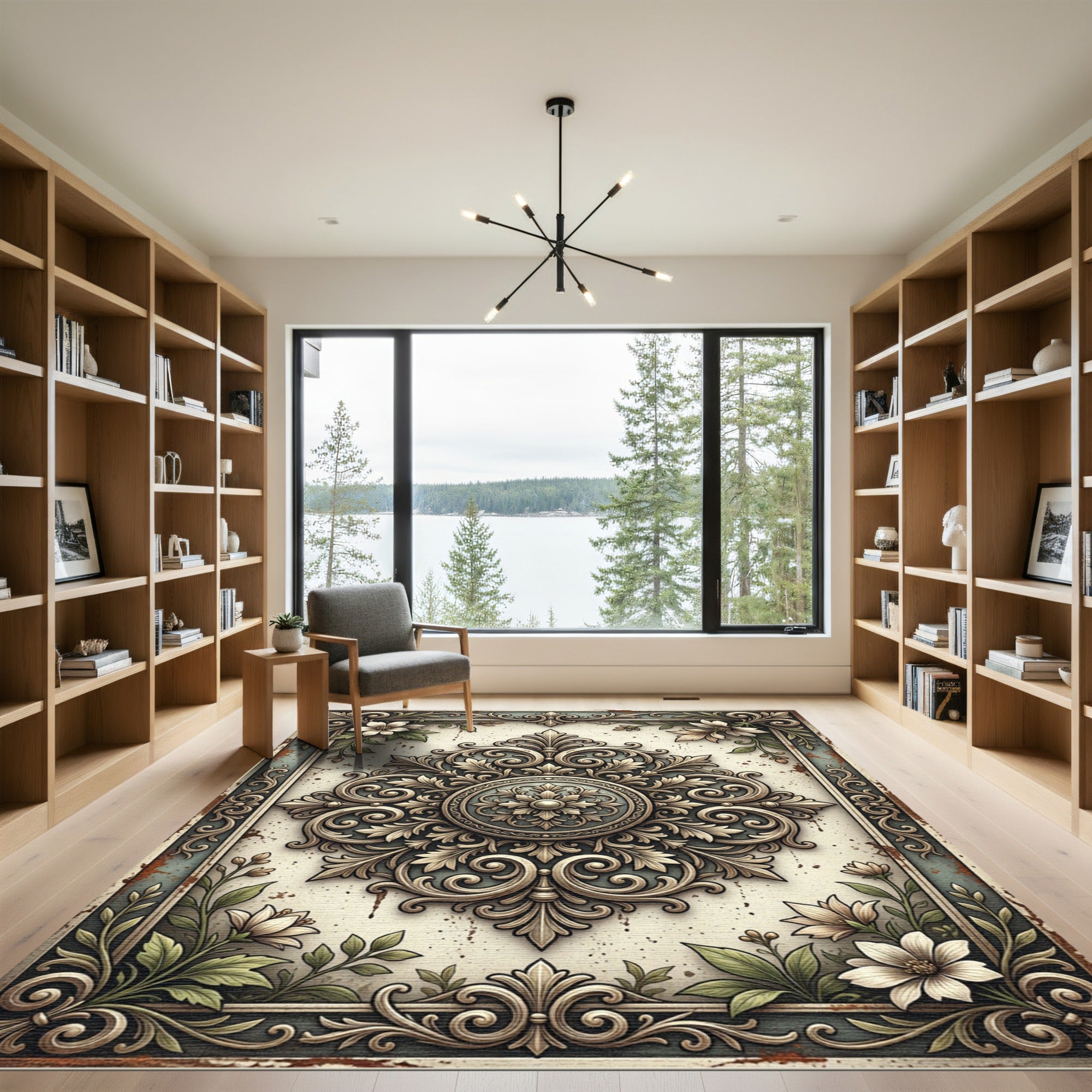 Cream Floral Damask Vintage Medallion Rug