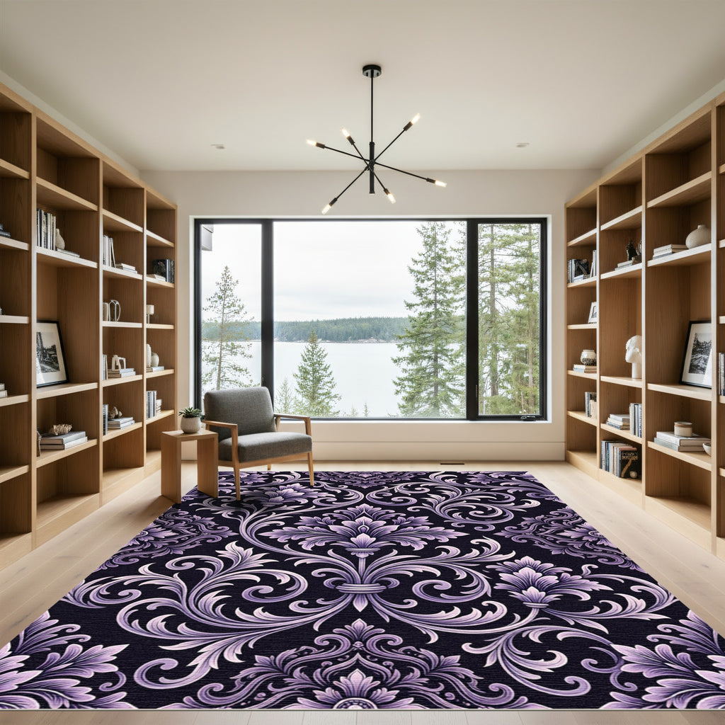 Ornate Lilac Floral Damask Rug