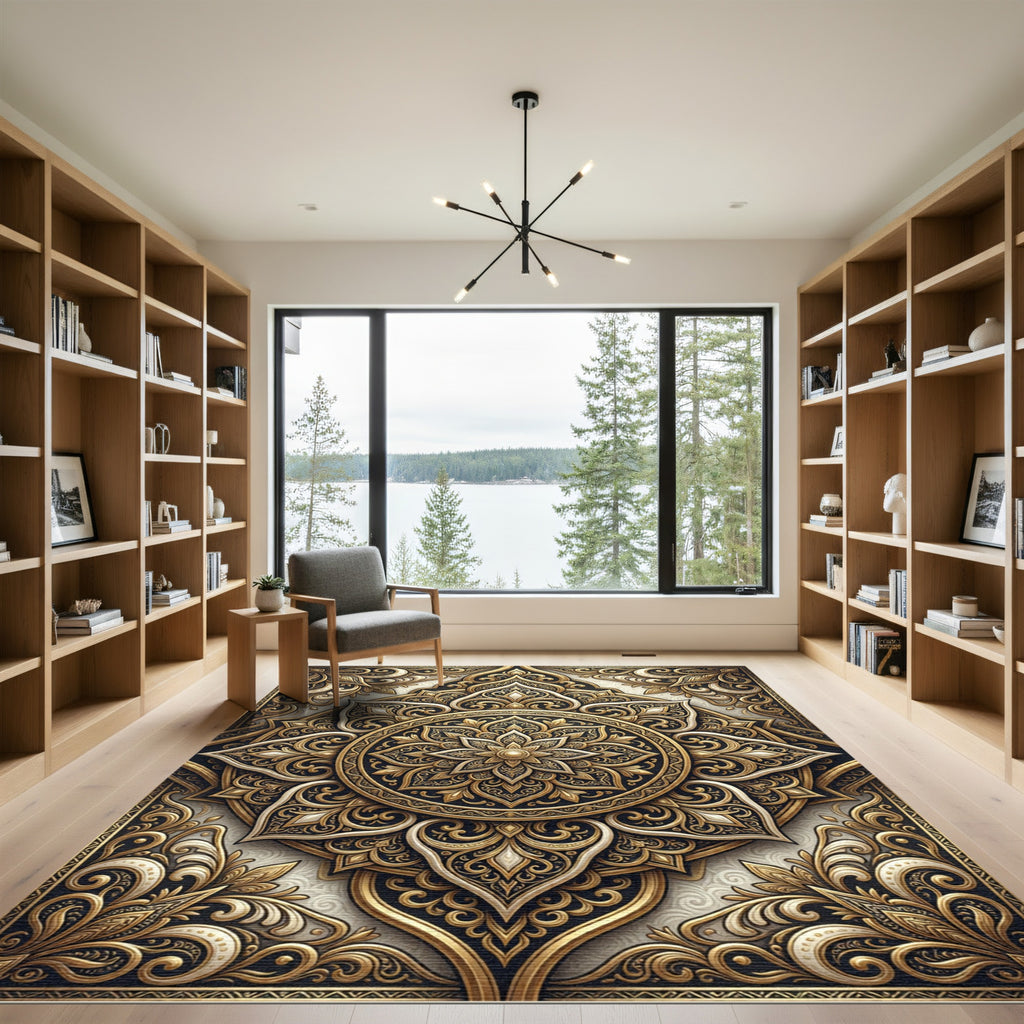 Ornate Gold Floral Mandala Rug