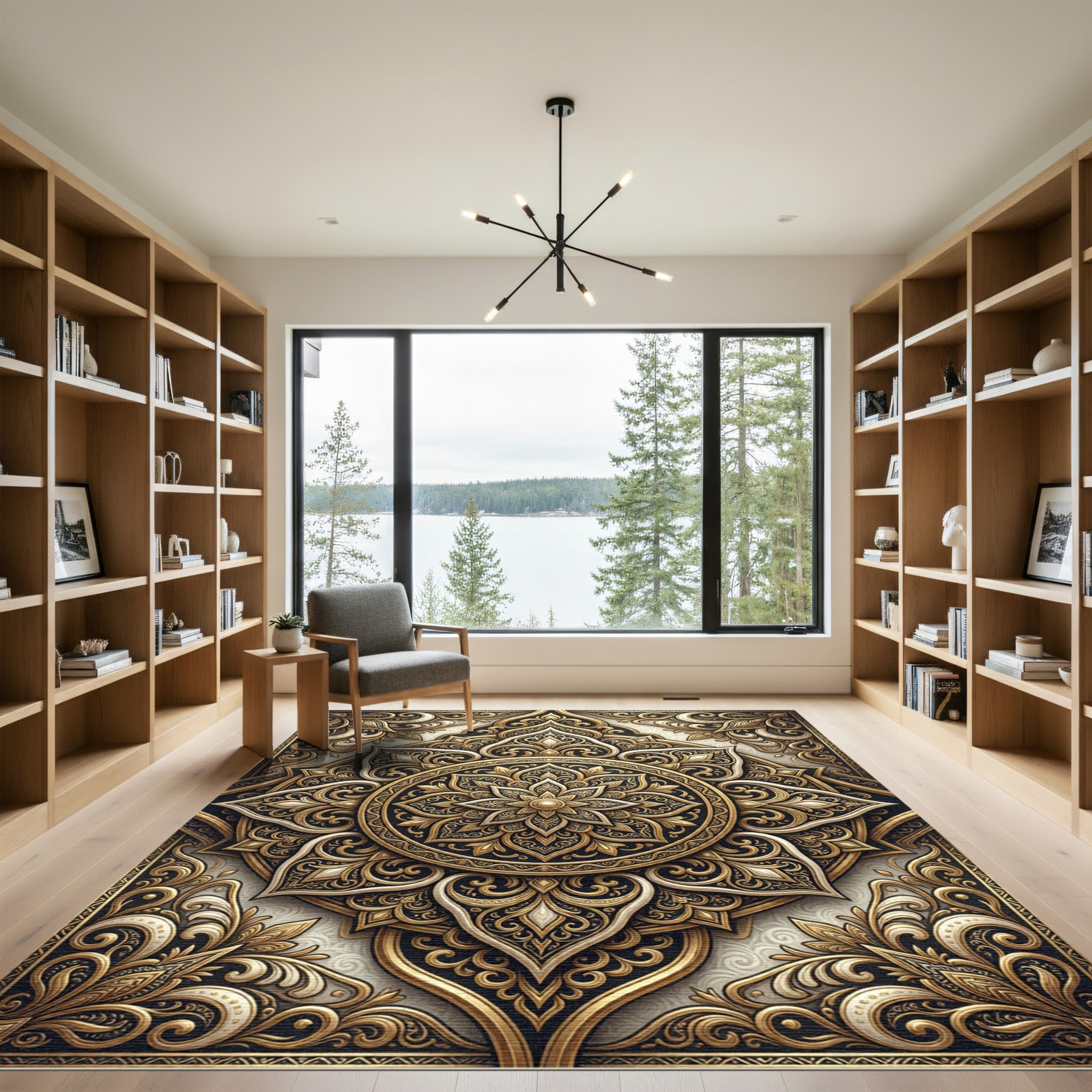 Ornate Gold Floral Mandala Rug