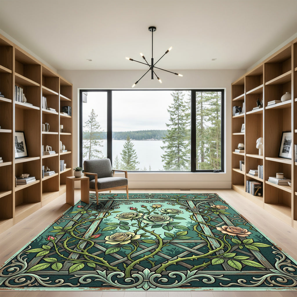 Vintage Teal Rose Trellis Illustration Rug