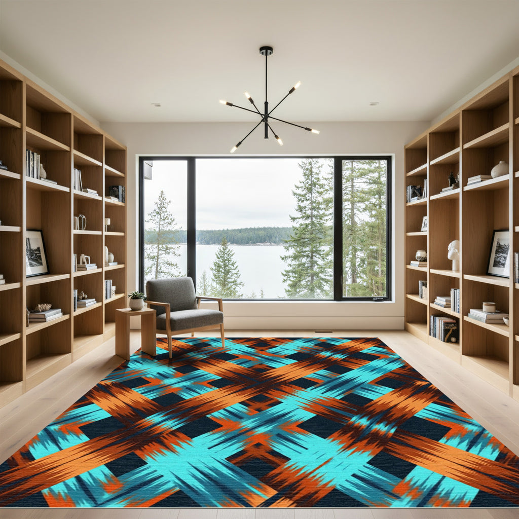 Textured Orange Aqua Intersecting Lattice Rug