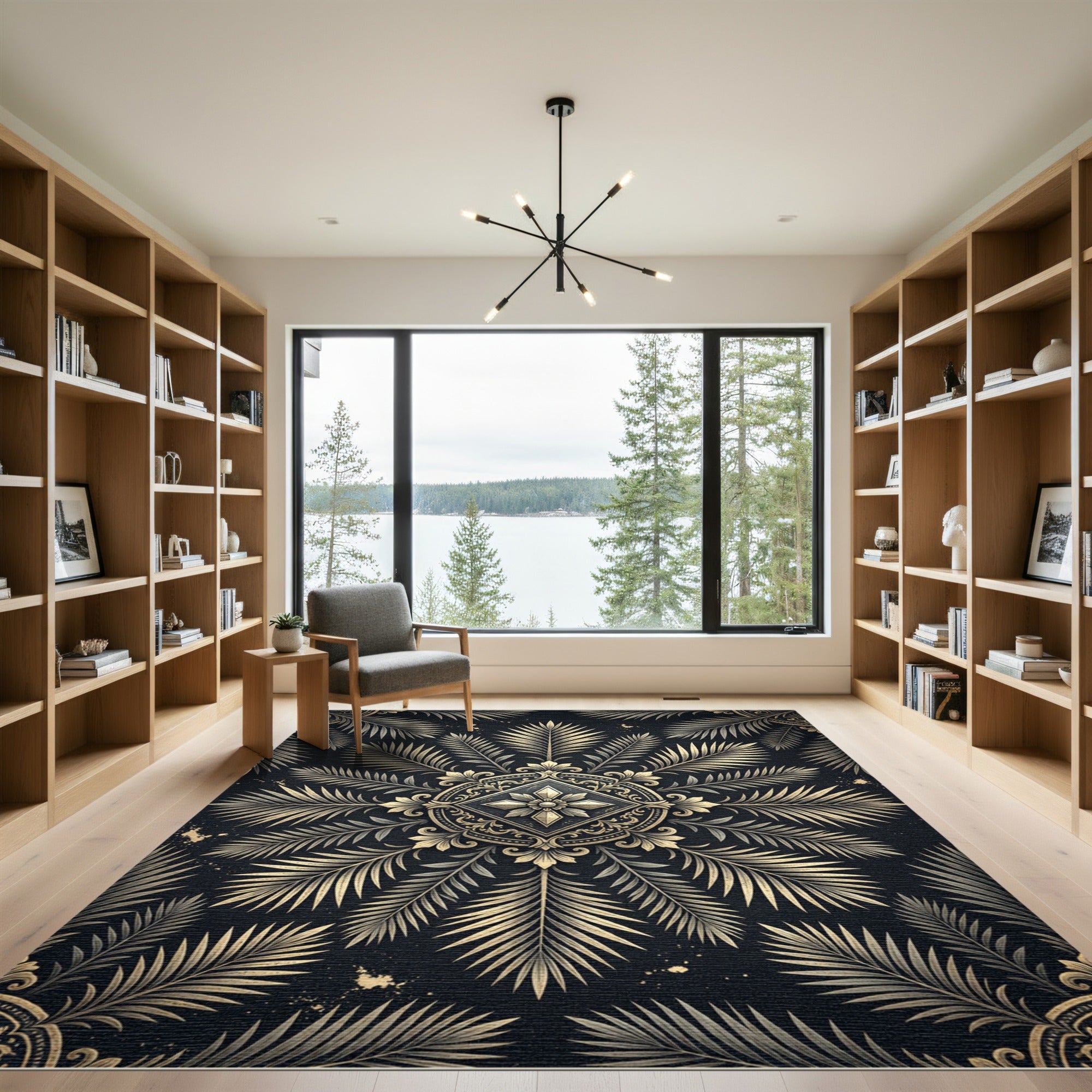 Ornate Golden Fern Mandala Rug