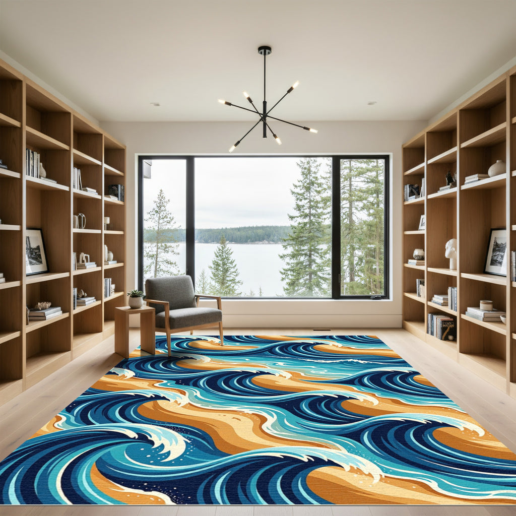 Dynamic Navy Blue Golden Ocean Wave Rug