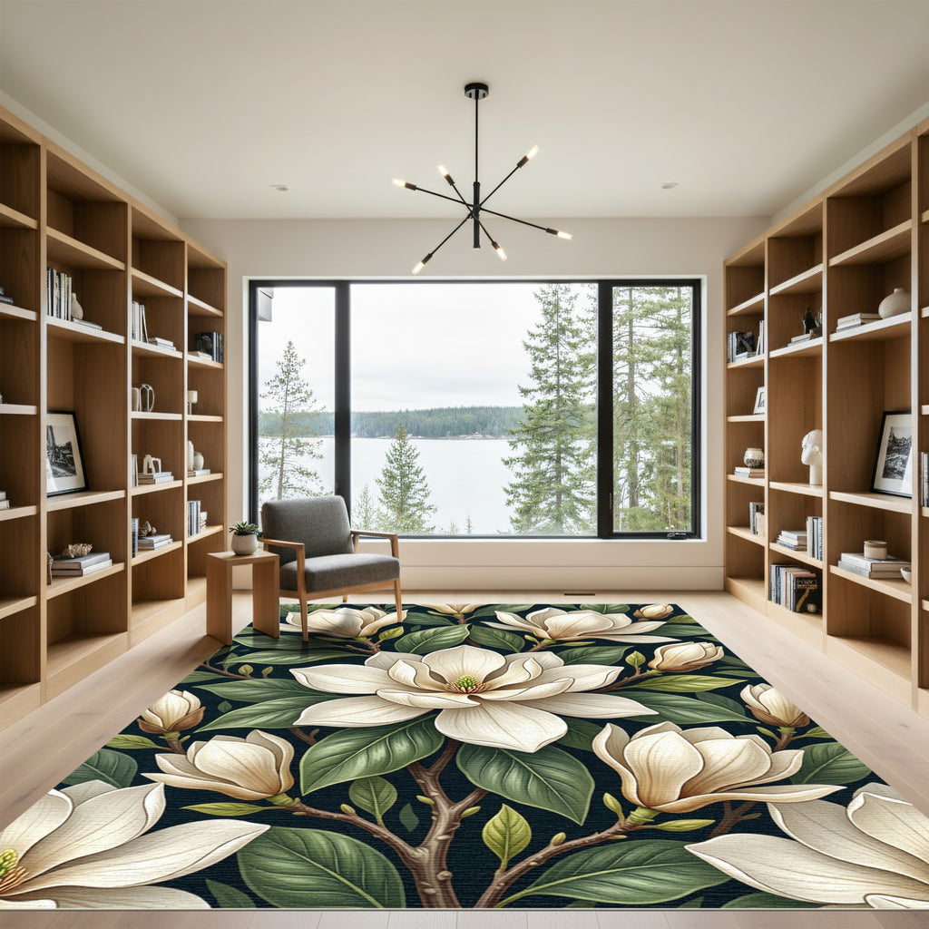 Elegant Cream Magnolia Bloom Botanical Rug