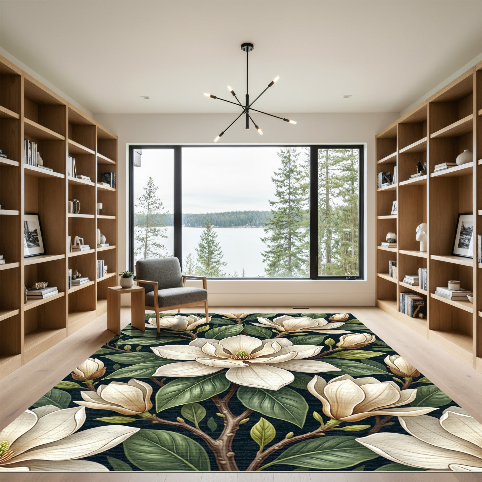 Elegant Cream Magnolia Bloom Botanical Rug