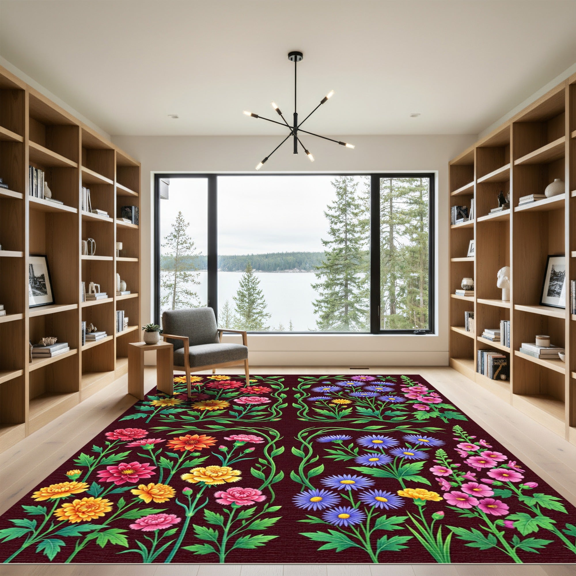 Vibrant Floral Botanical Dark Garden Rug