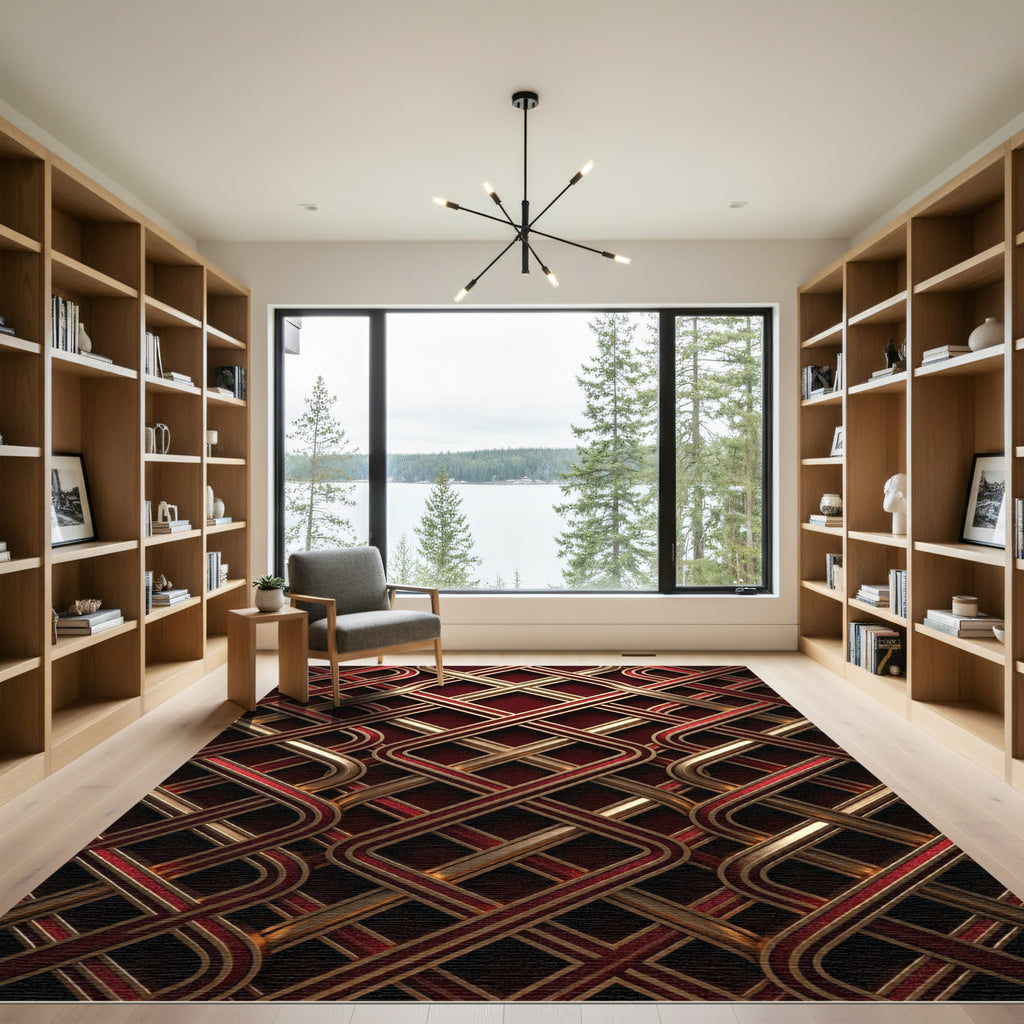 Rich Burgundy Gold Woven Interlace Rug