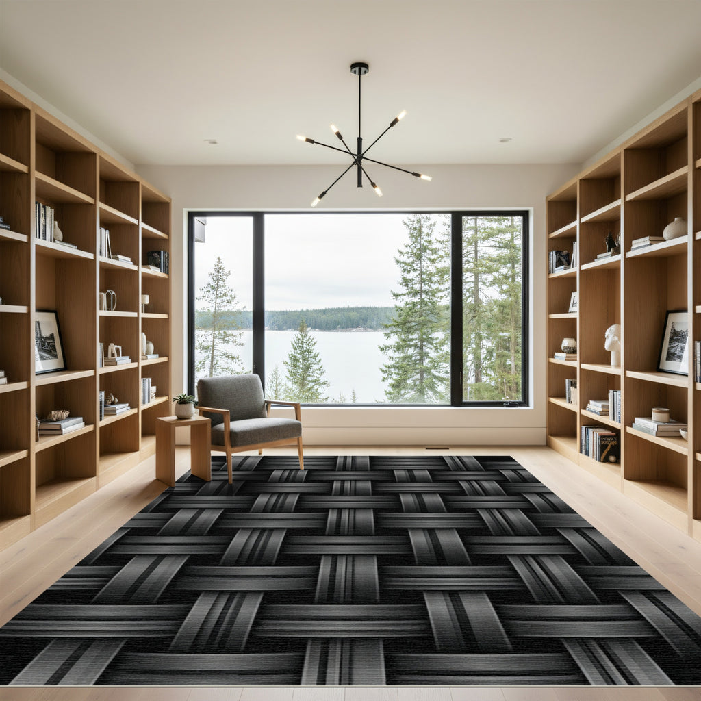 Minimalist Charcoal Woven Basket Weave Rug