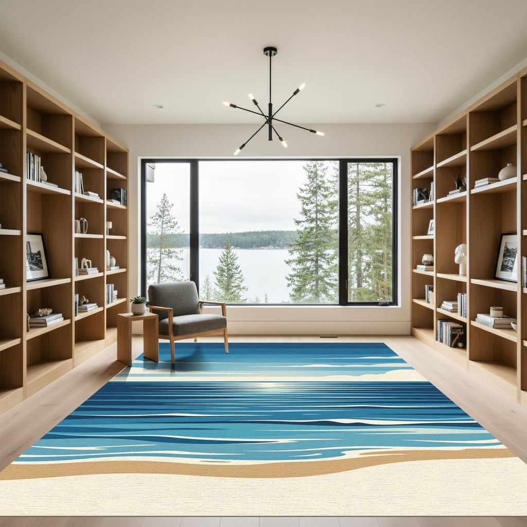 Minimalist Blue Ocean Horizon Coastal Area Rug
