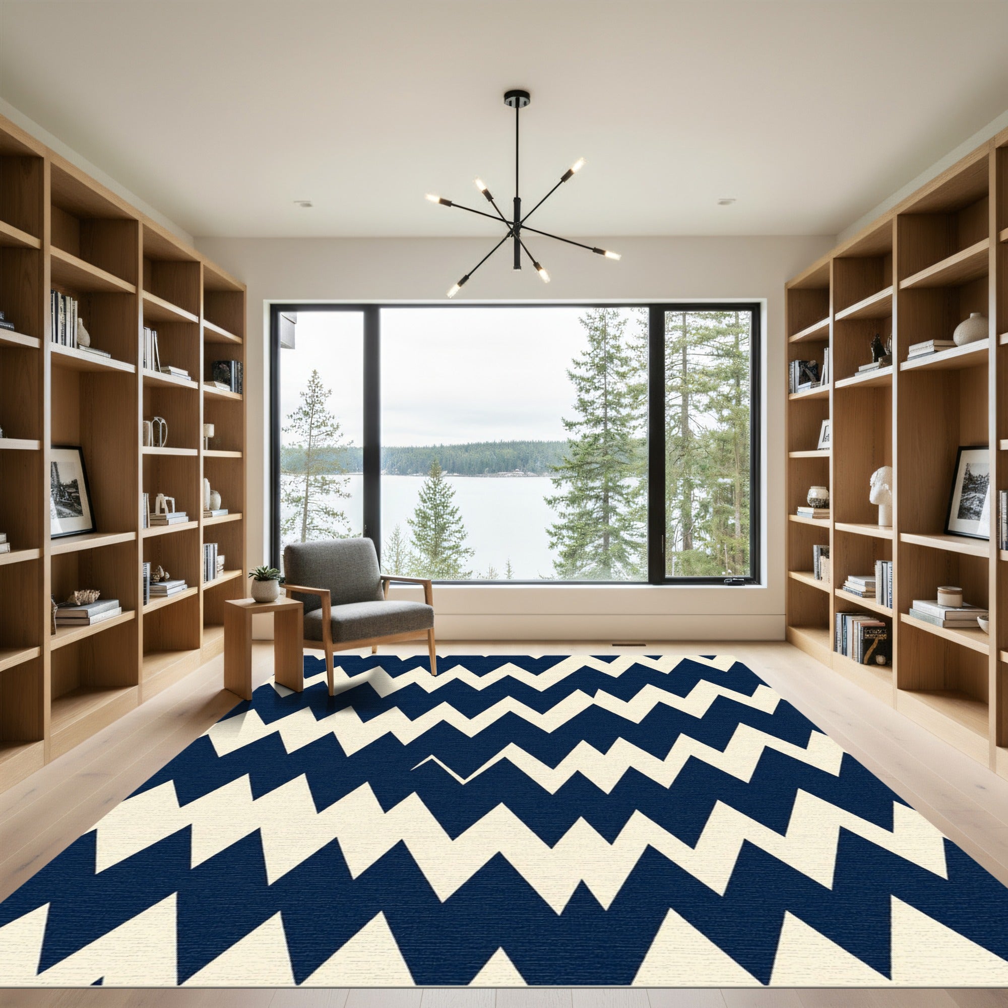 Bold Navy and Cream Zigzag Wave Rug