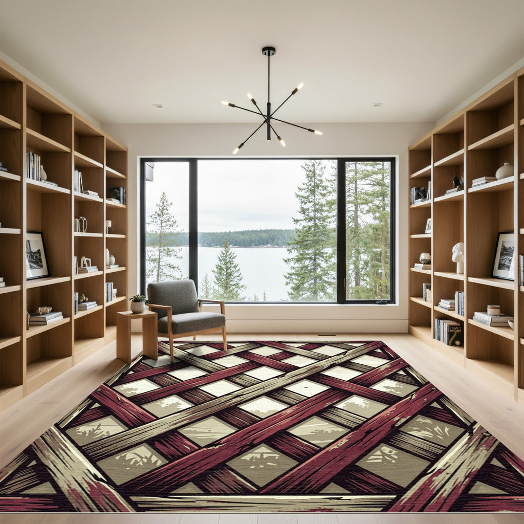 Rustic Crimson Lattice Geometric Grid Rug