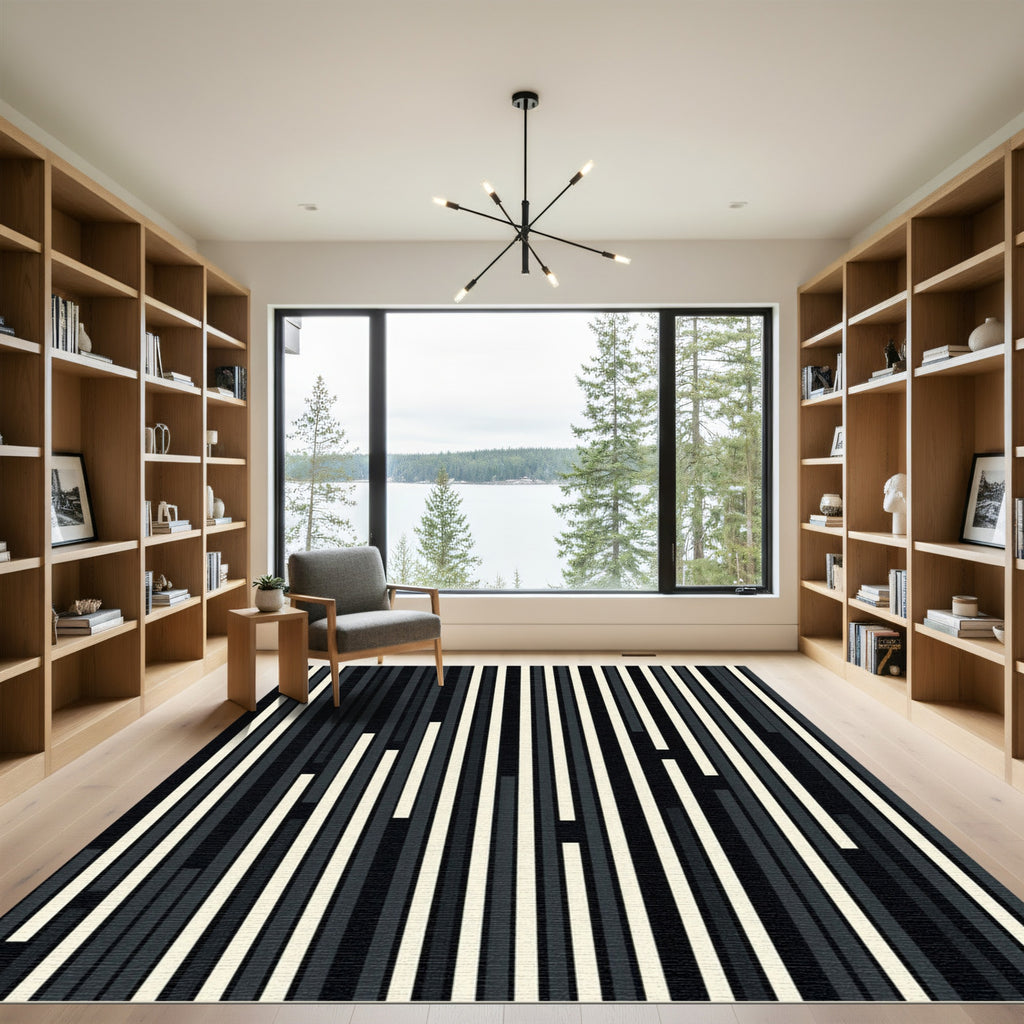 Minimalist Black and White Monochromatic Stripe Rug
