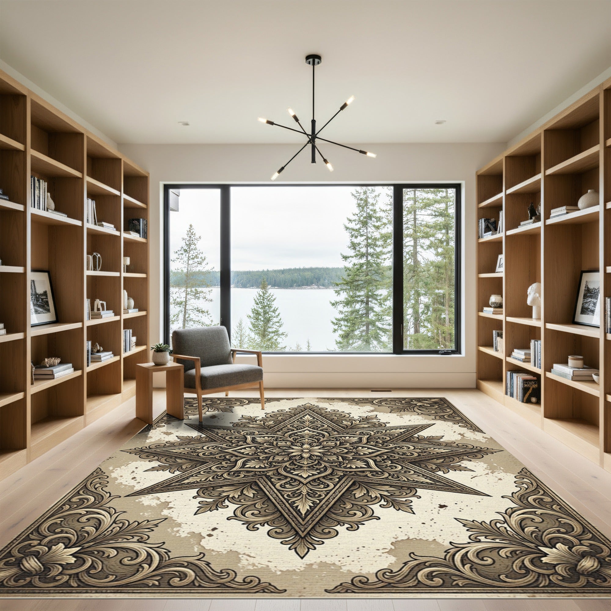 Ornate Golden Star Mandala Rug