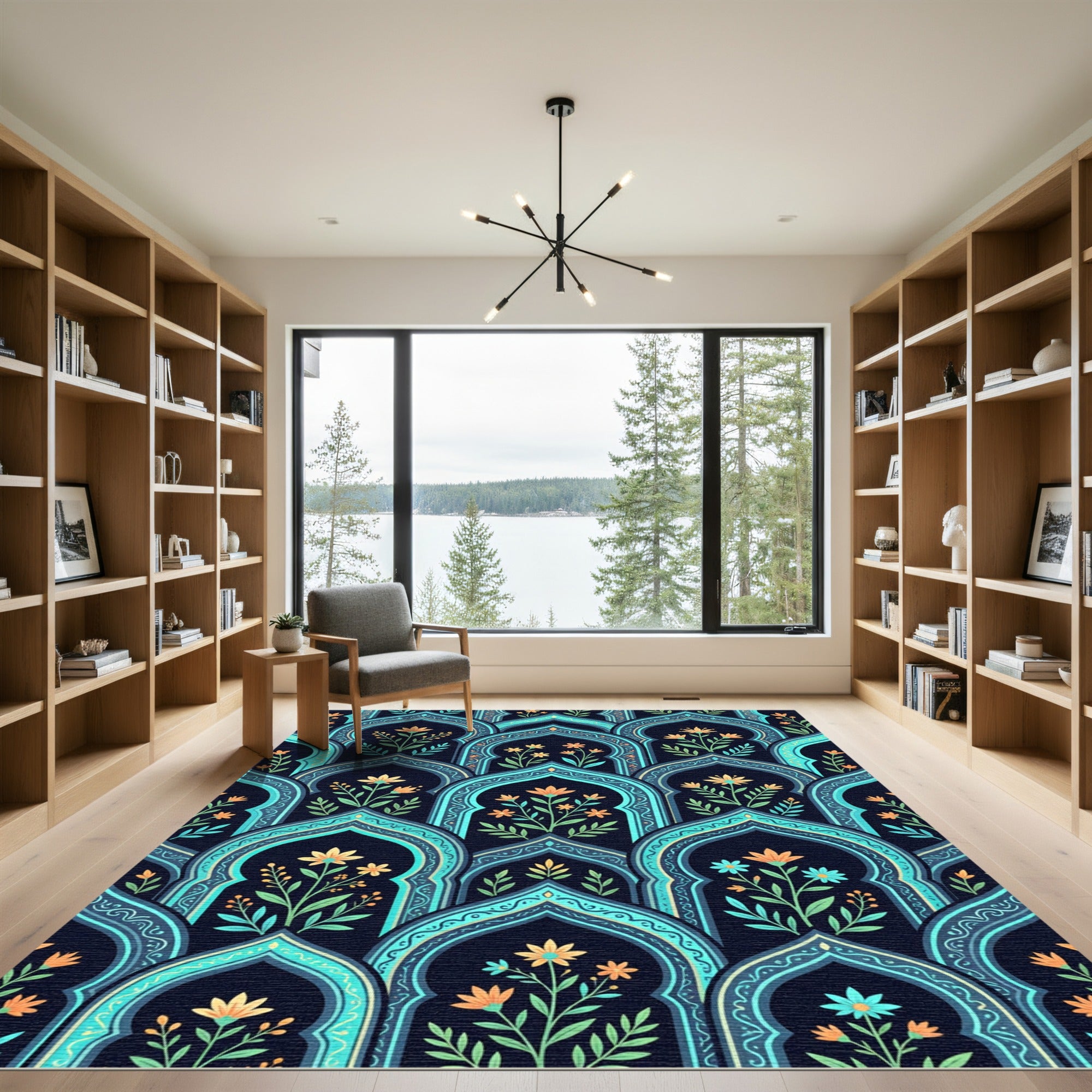 Teal Arch Floral Botanical Art Rug