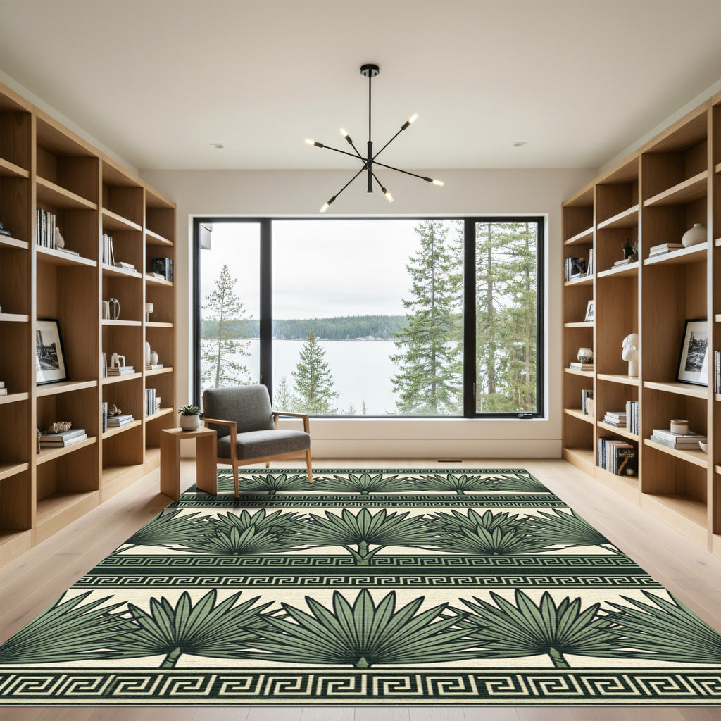 Sage Green Botanical Greek Key Trellis Rug