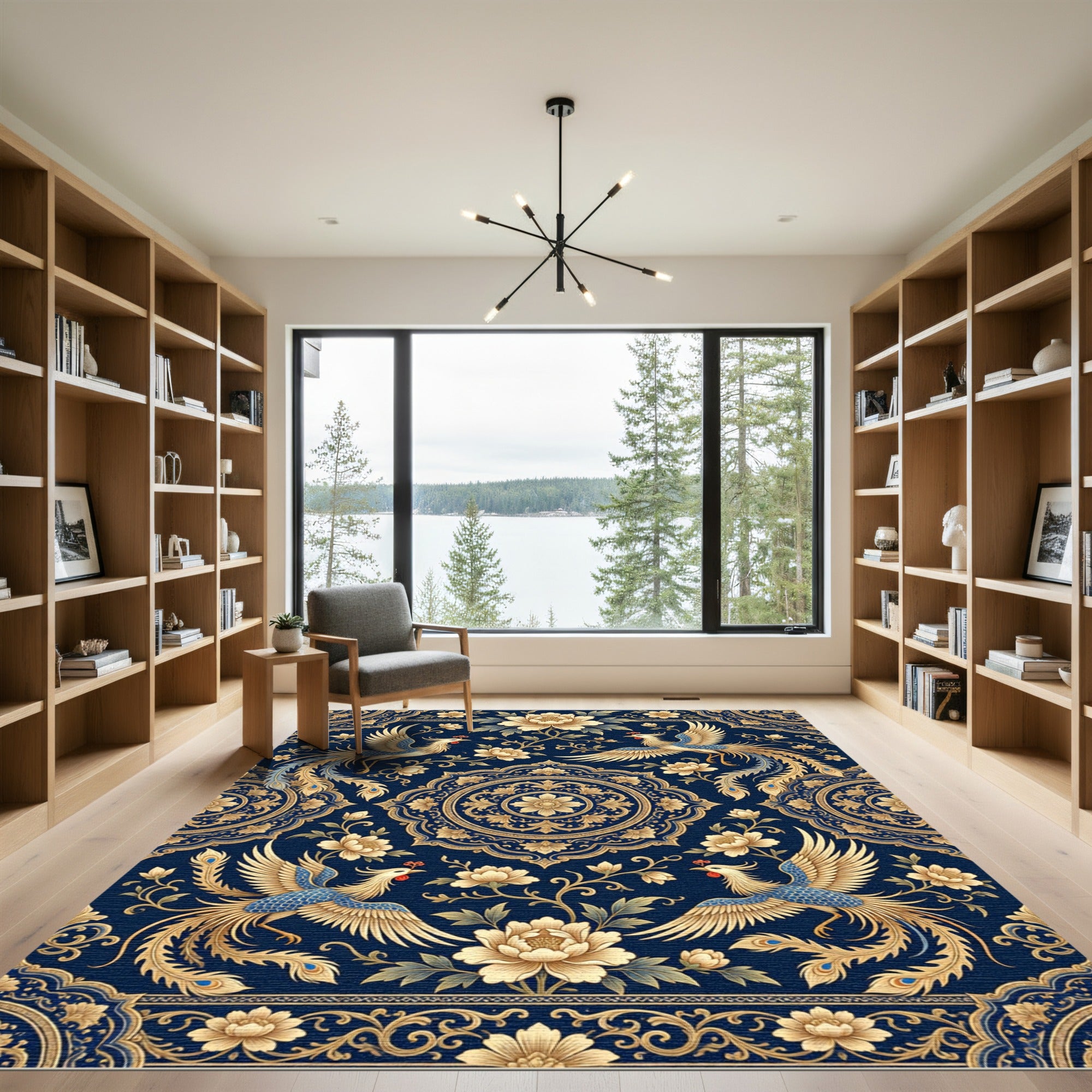 Midnight Blue Phoenix Floral Medallion Rug