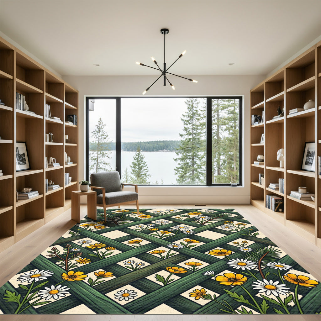 Lush Green Lattice with Daisy Wildflowers Rug