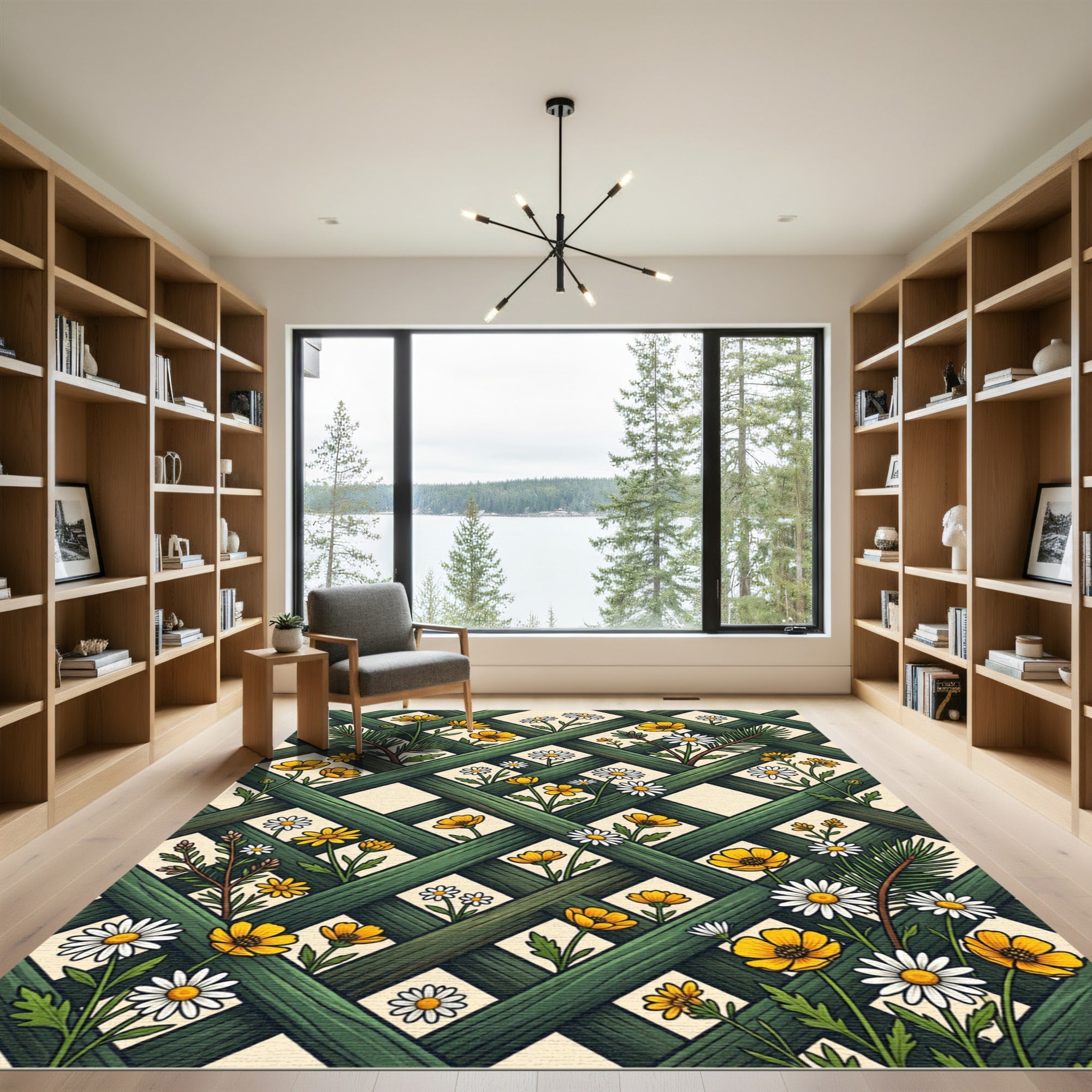 Lush Green Lattice with Daisy Wildflowers Rug